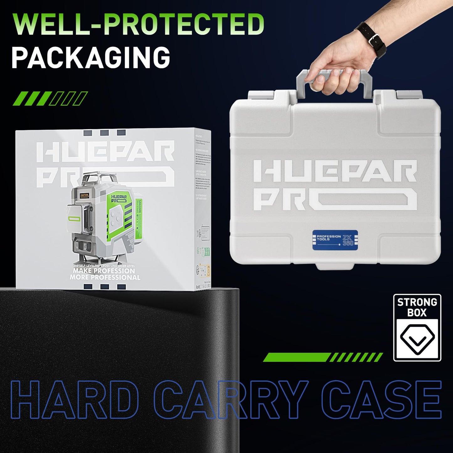 Huepar Pro Laser Level 3 x 360 Self Leveling Red Beam Laser Tool, High Accuracy Professional 3D Cross Line Laser with Rechargeable Battery, Magnetic Bracket & Hard Carry Case ZK03CR