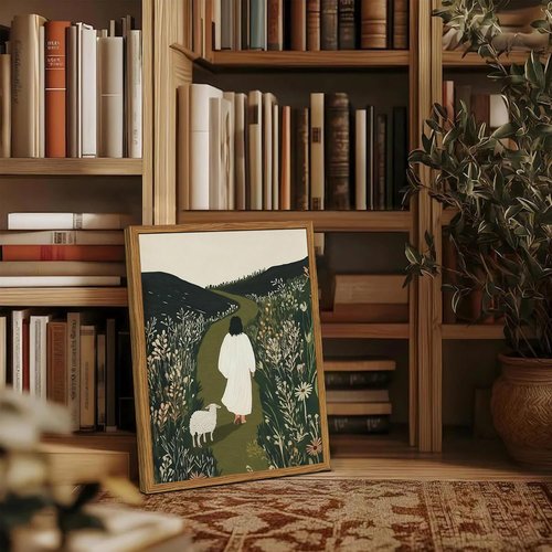 Framed Jesus Wall Art - Christian Canvas Print of Jesus and The Lost Lamb | 12x16 Inch Religious Decor