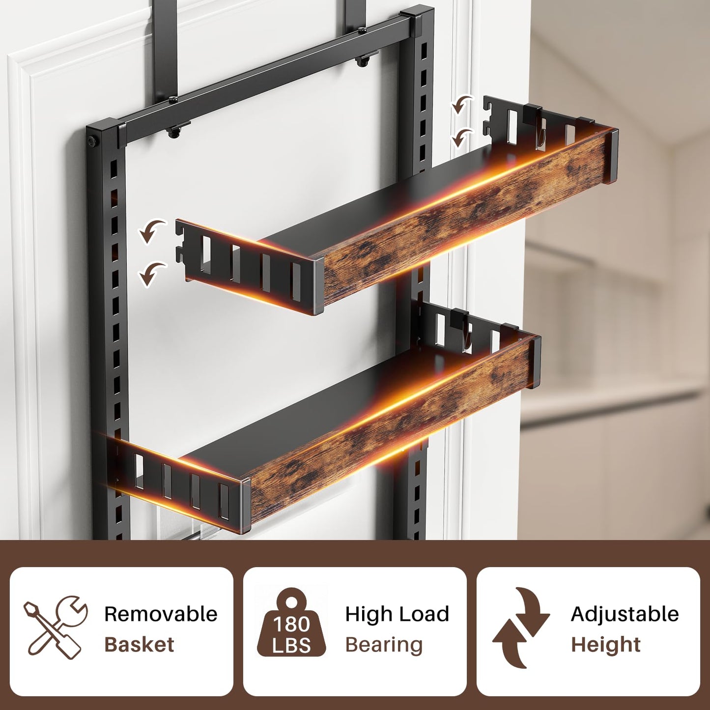 8 Tier Over The Door Pantry Organizer, 2 IN 1 Wall Mount or Metal Hanging Spice Rack for Pantry Organizers and Storage, Seasoning Shelves,Adjustable Basket with Hooks for Kitchen Cabinet and Closet