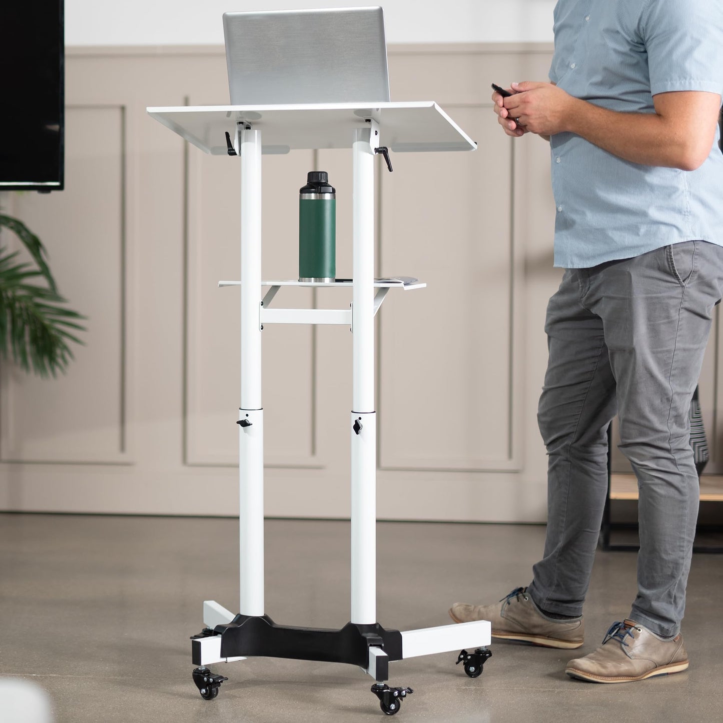 VIVO Mobile 24 x 16 inch Lectern Podium, Height Adjustable Steel Rolling Laptop Cart on Wheels, White, CART-V03W