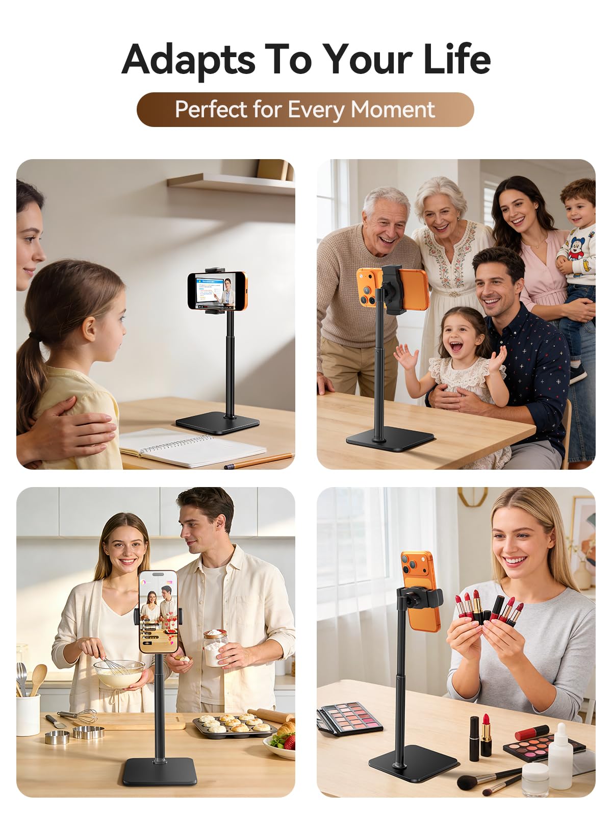 tounee Phone Stand for Desk, 8-11" Height Adjustable Cell Phone Holder for Live Streaming, Video Recording, TikTok – Compatible with iPhone 17/16/15, Samsung, All 4-7" Smartphones -Black