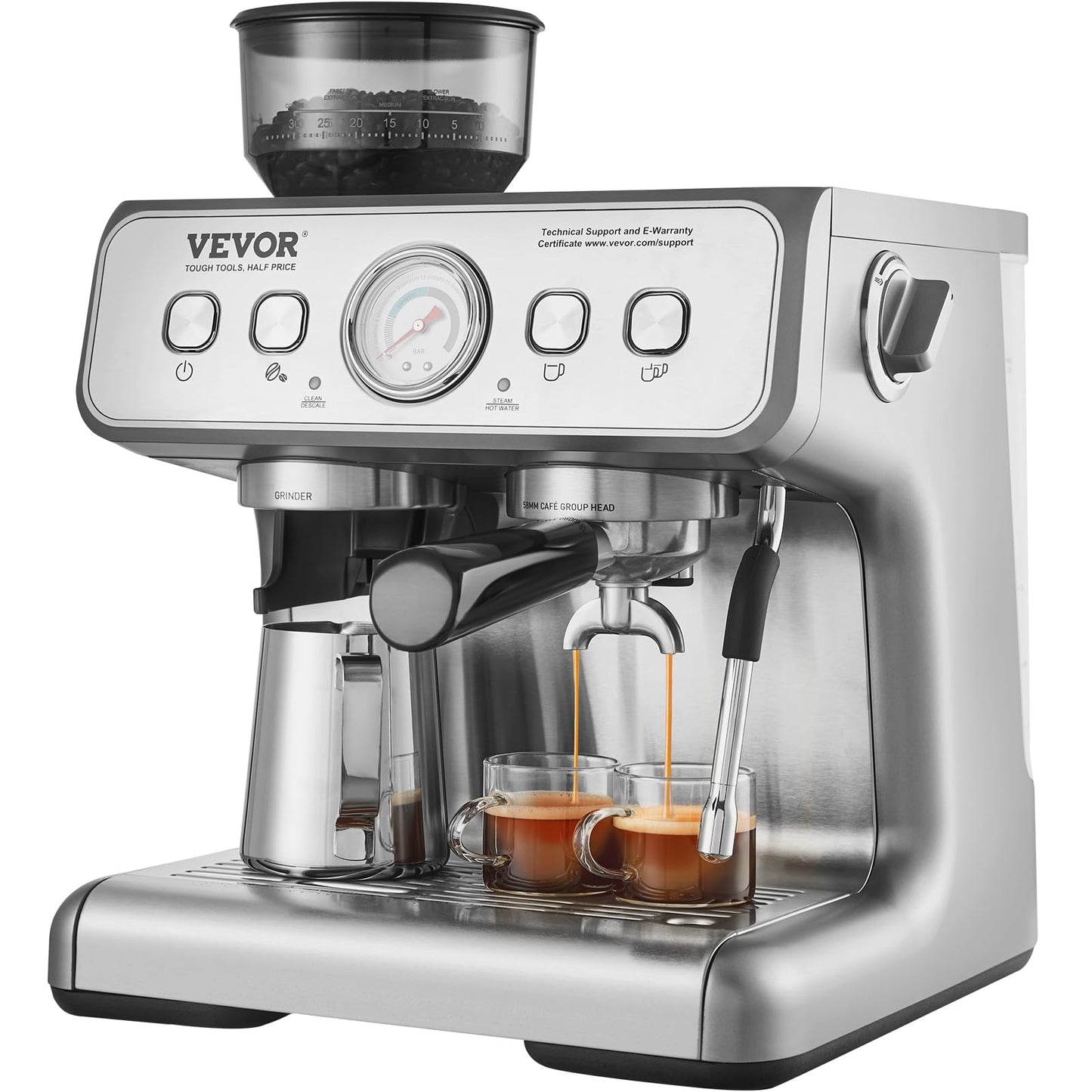 VEVOR Espresso Machine Built-in Grinder, 15 Bar Semi-Automatic Espresso Coffee Maker with Milk Frother Steam Wand, PID Control System for Cappuccino, Latte, Machiato