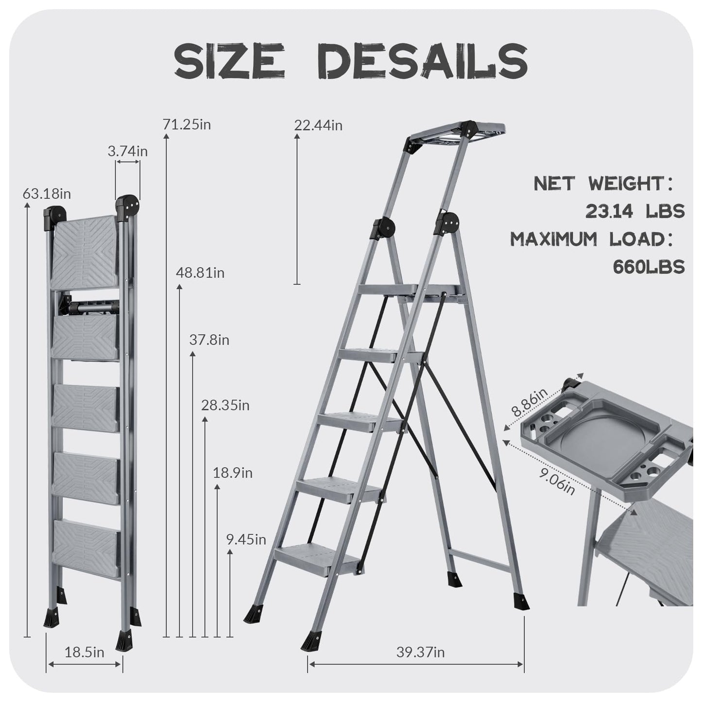XinSunho 5 Step Ladder, Foldable Step Stool Ladder with Handrails & Tray, 660 lbs Heavy Duty Wide Pedals, Sturdy Steel Folding Ladder for Kitchen, Home, and Household Use (Silver, 5 Step)
