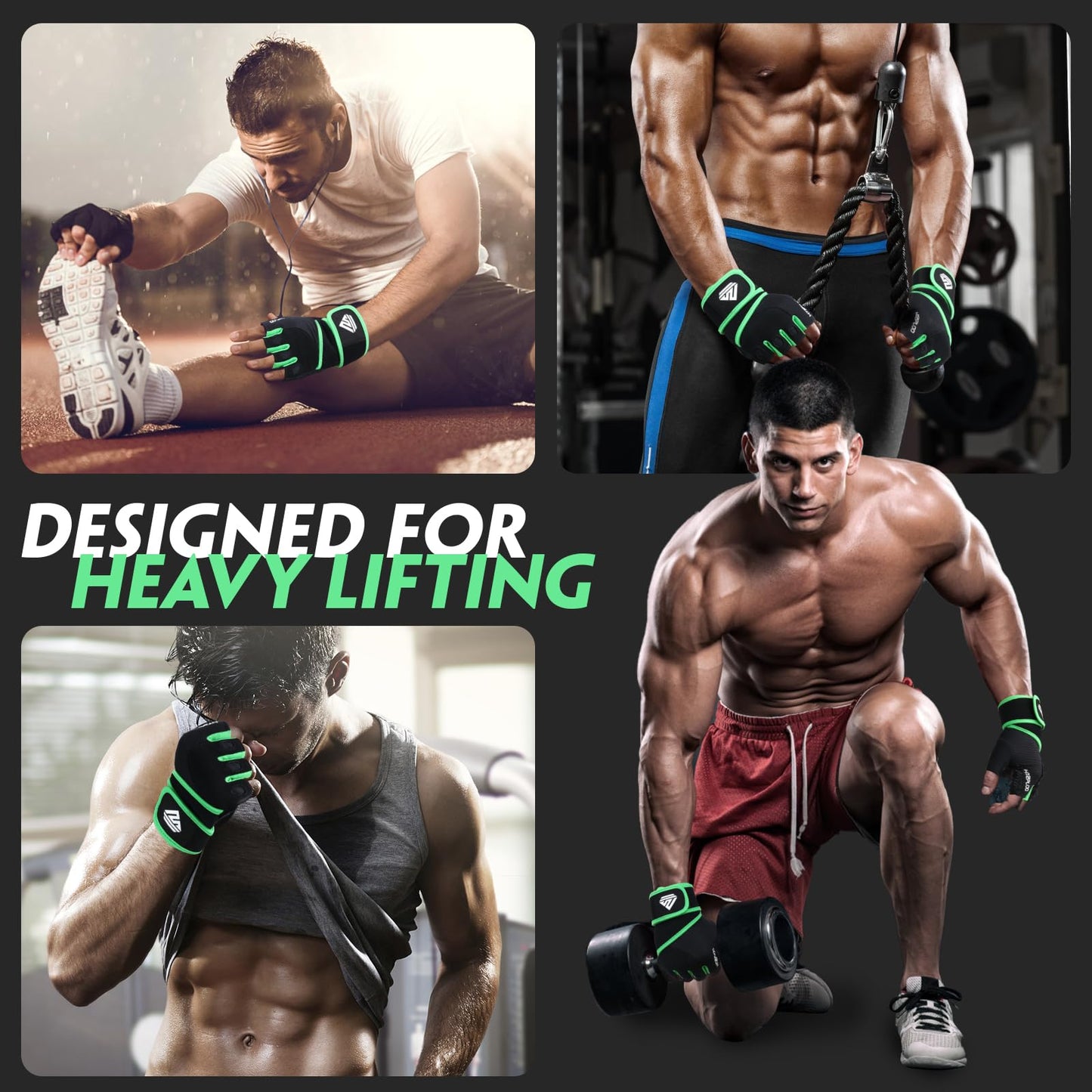 HTZPLOO Workout Gloves Gym Gloves Weight Lifting Gloves for Men with Full Palm Pad,Strong Wrist Wraps Support,Enhanced Grip,for Fitness,Training,Weightlifting,Exercise (Green,Small)