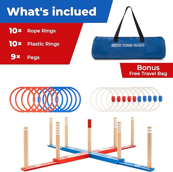 Ring Toss Game for Adults, 20 Rings & Carrying Bag- Upgraded 30" Extra Large Outdoor Backyard/Indoor Party Game(All Weather)- Easy Setup Yard Game for Kids Family Toy for Boys & Girls