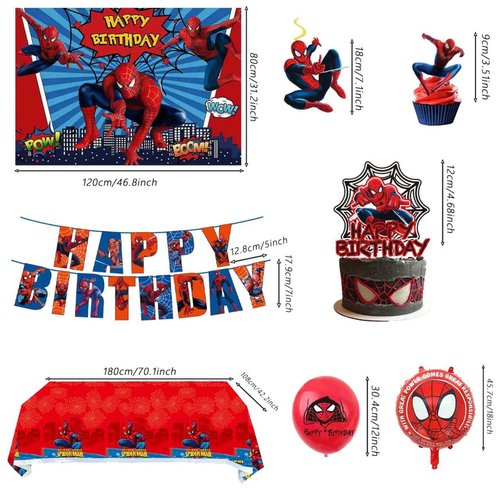 51PCS spidey birthday party supplies, backdrop, "Happy Birthday" banner,tablecloth, large aluminum balloon, small aluminum balloons, latex balloons, cake topper,cupcake toppers, hanging swirls