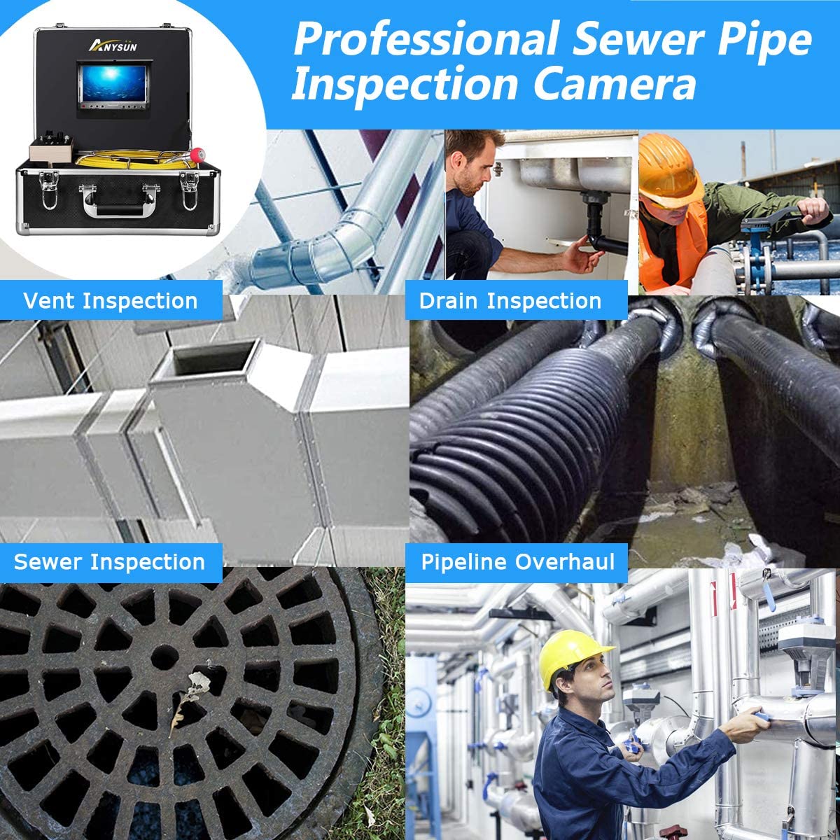 Sewer Camera 100FT, Can Connect External Monitor, Zoom in and Out, IP68 Waterproof, 12 pcs Adjustable Light, Plumbing Snake Cam with DVR Pipe Video Inspection, for Sewer Line, Drain, Duct, Plumbing