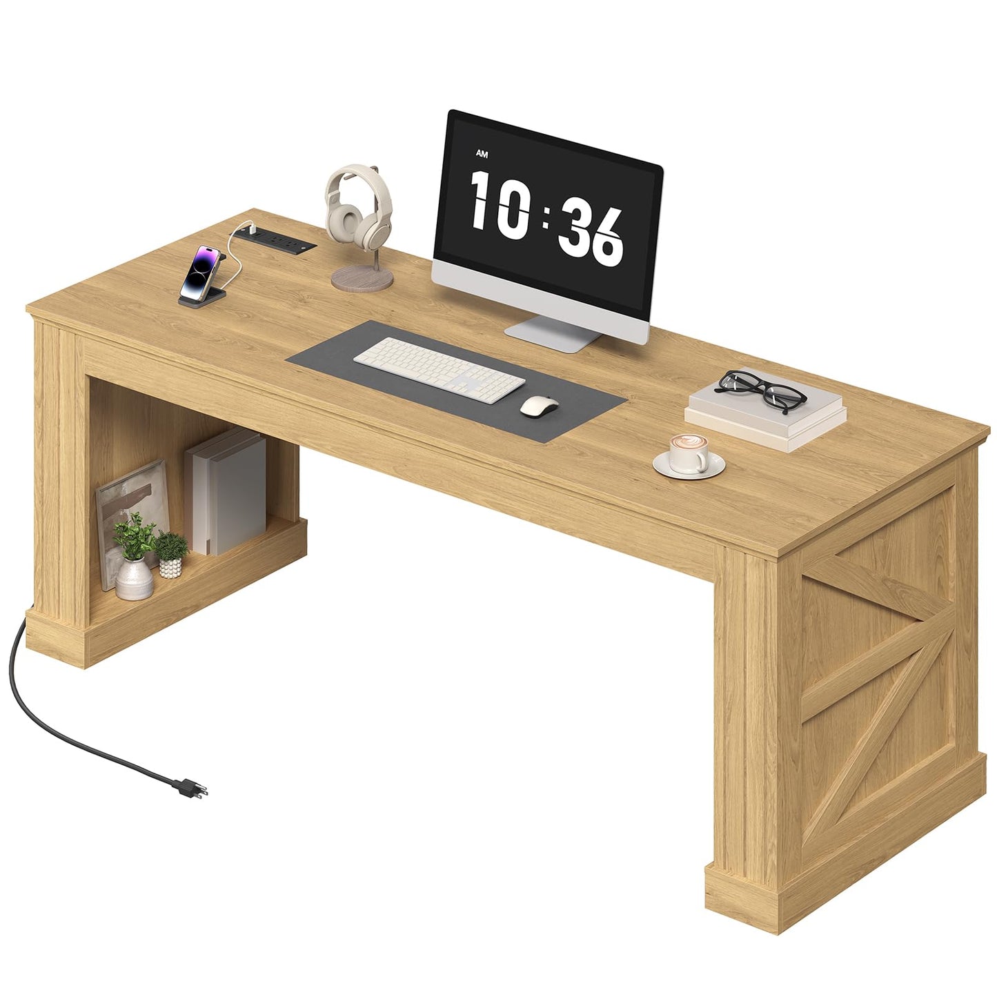 STHYTON 63-Inch Farmhouse Executive Desk, Long Computer Desk with Built-in Charging Station & Bottom Storage, Home Office Writing Study Desk for Bedroom, Living Room, Natural
