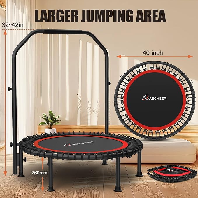 Bungee Rebounder Trampoline,ANCHEER 40" Foldable Fitness Trampoline with 4-Level Adjustable Handlebar, 450LBS Capacity, Resistance Ropes&Upgraded Bungees Safe for Home/Cardio,Workout Indoor/Outdoor