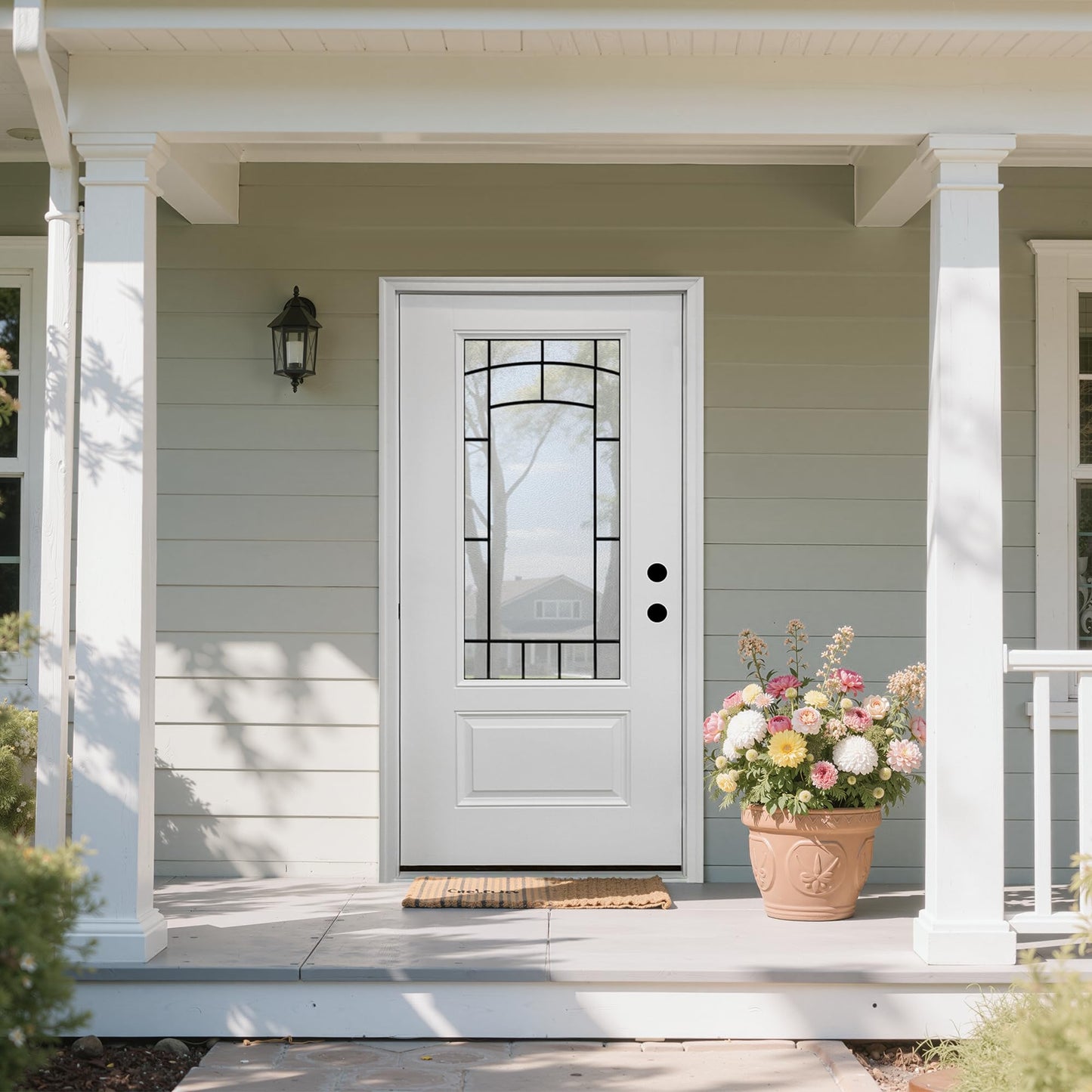 Casaphoria 36" x 80" Fiberglass Entry Door with White 4-9/16" Vinyl Frame,Left Hand Inswing Exterior Door with Brickmould, 3/4 View Wrought lron Glass Knock-Down Front Door for Home Entrance, White