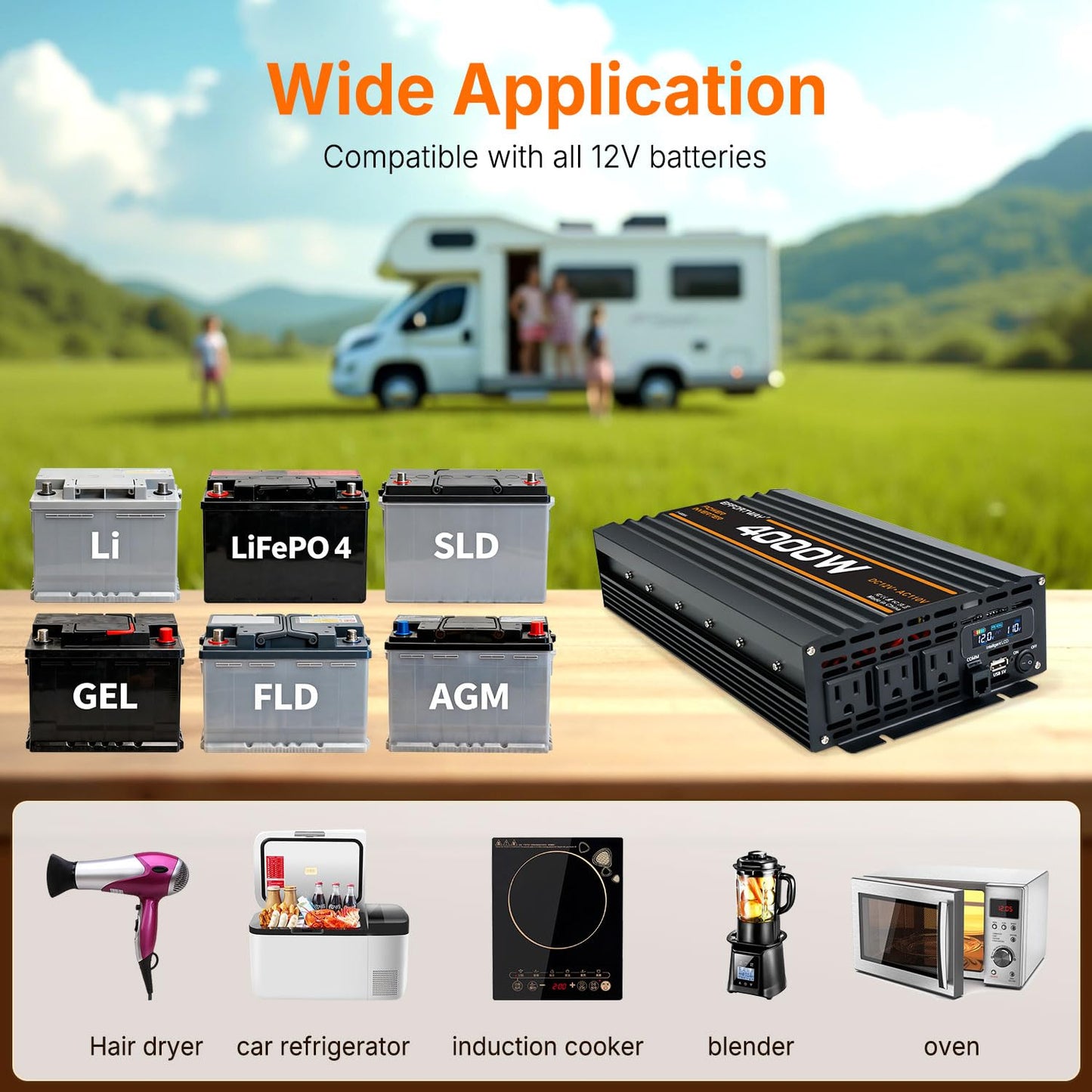 EFFORTWAY 4000W Power Inverter, 12V DC to 110V/120V Modified Sine Wave Inverter with 3 AC Outlets, USB Port, Wired Remote Controller, Car Power Inverter for RV, Truck, Boat, Camping, Off-Grid