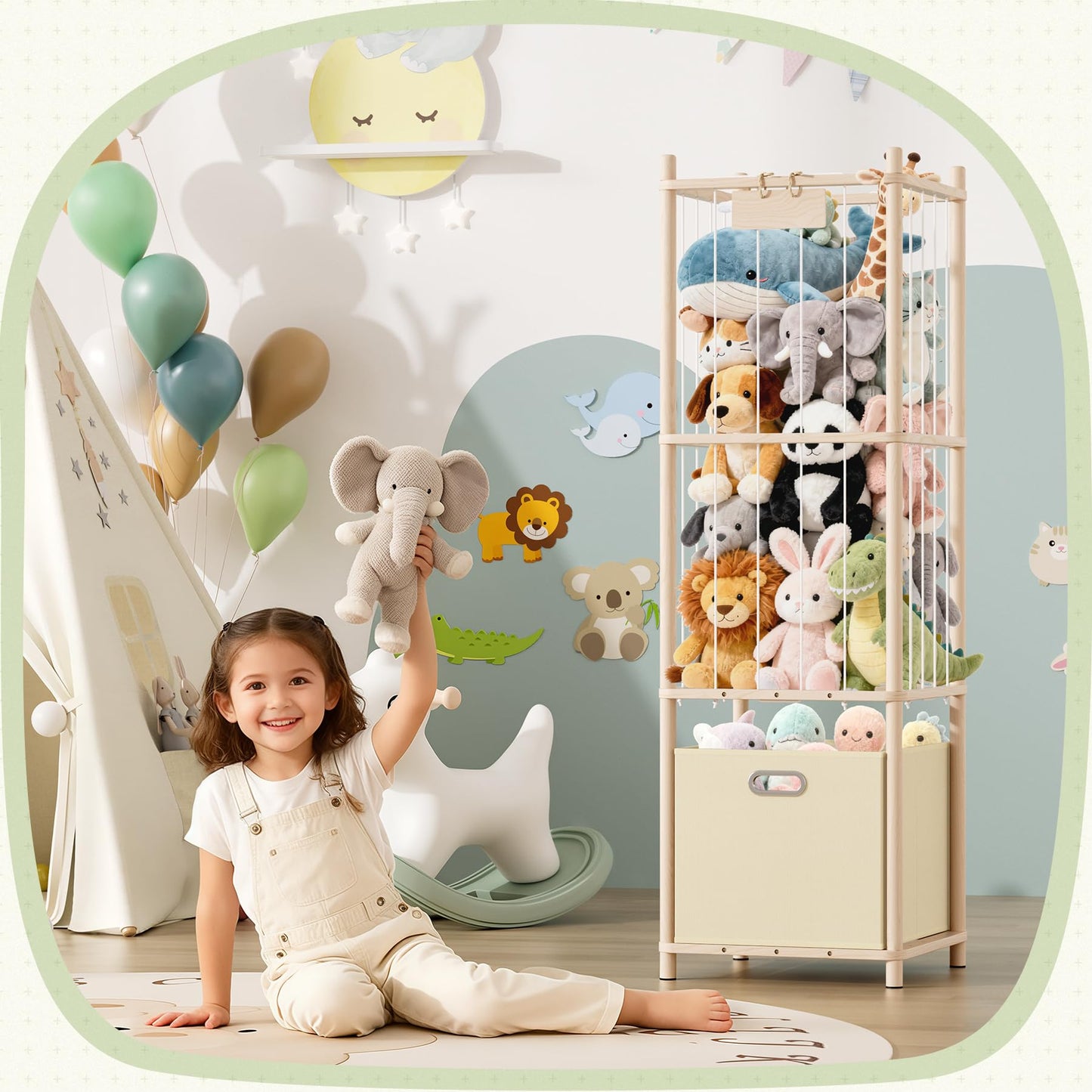 Stuffed Animal Storage Organizer - Large Wooden Toy Organizer with Drawer for Nursery, Bedroom, Kidroom, Natural Pine Material, Space-Saving