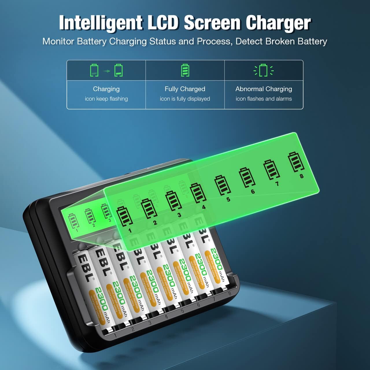 EBL 8 Pack 2300mAh 8-Bay Rechargeable AA Batteries and Battery Charger with Built-in Charging Cable, Ni-MH Duable A