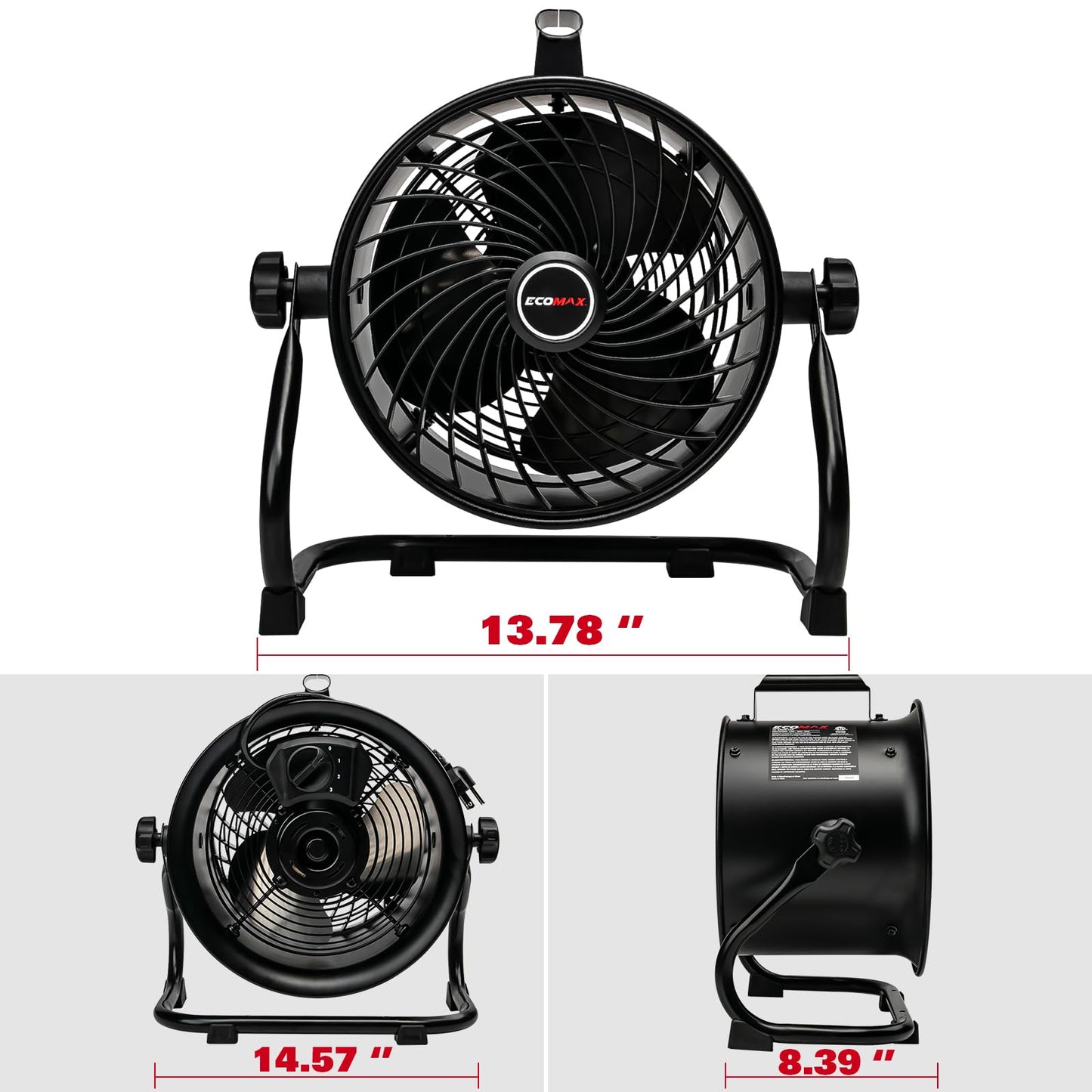 ECOMAX 10-Inch Drum Fan, 900CFM 3-Speed Industrial Floor Fan with 360° Tilt Head, 85W 120V Aluminum Blade Shop Fan for Garage Workshop Basement Patio, UL Certified, 8.6 LBS