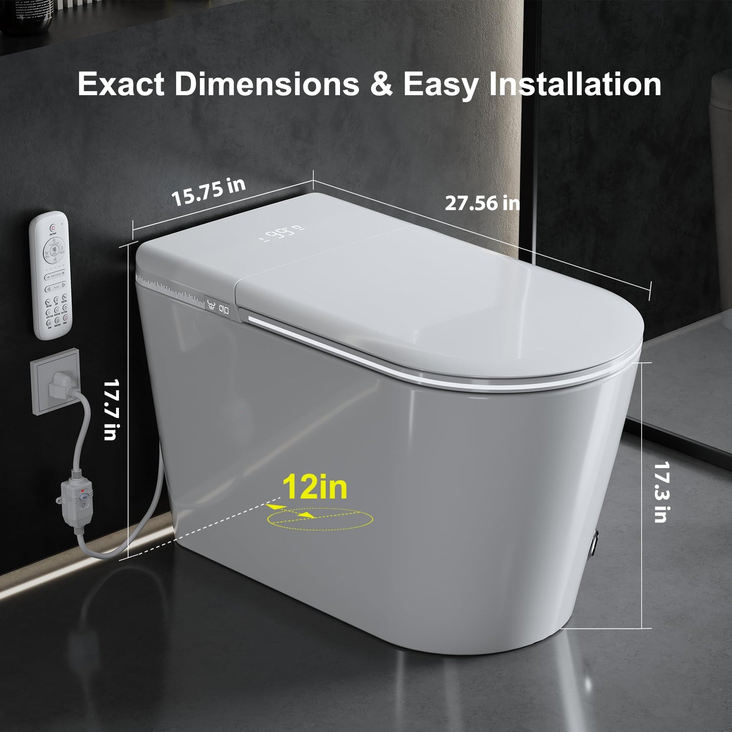 Smart Toilet with Auto Open/Close Lid for bedroom Heated Seat with Remote Control,Hidden Foam Shield, Multiple Cleaning Modes, Ambient Lighting,Soft Flush Feature Warm Water & Dryer