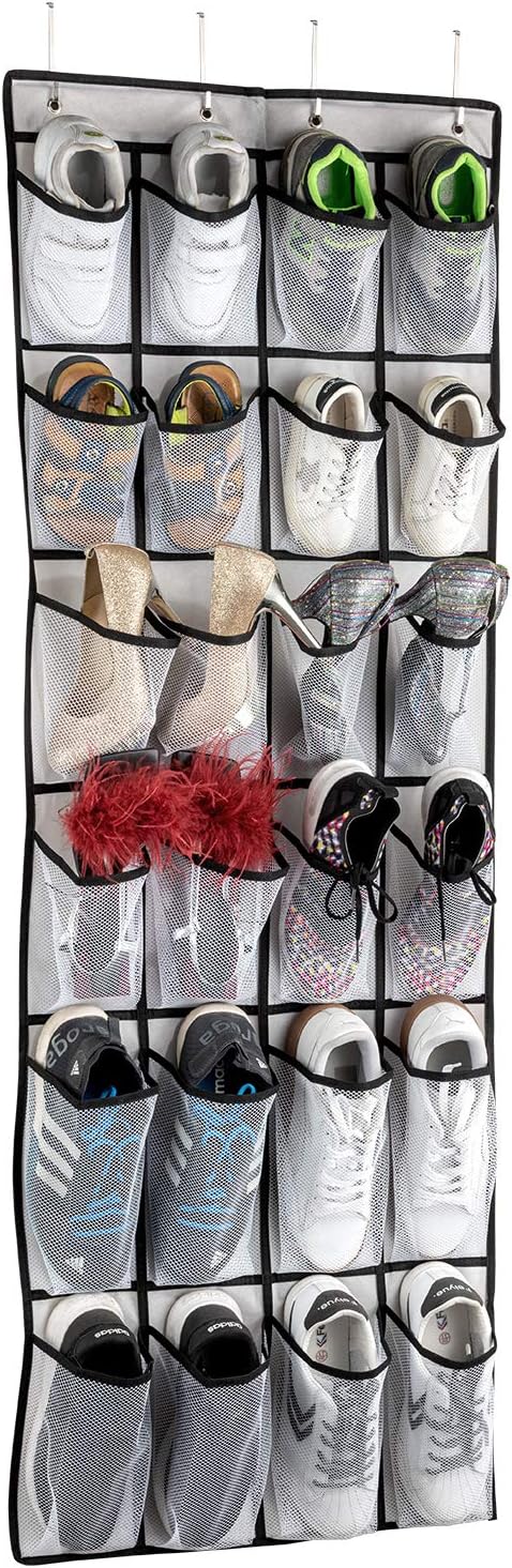SAVERHO Over The Door Shoe Organizer - 24 Mesh Pockets for Efficient Storage | White Hanging Shoe Rack