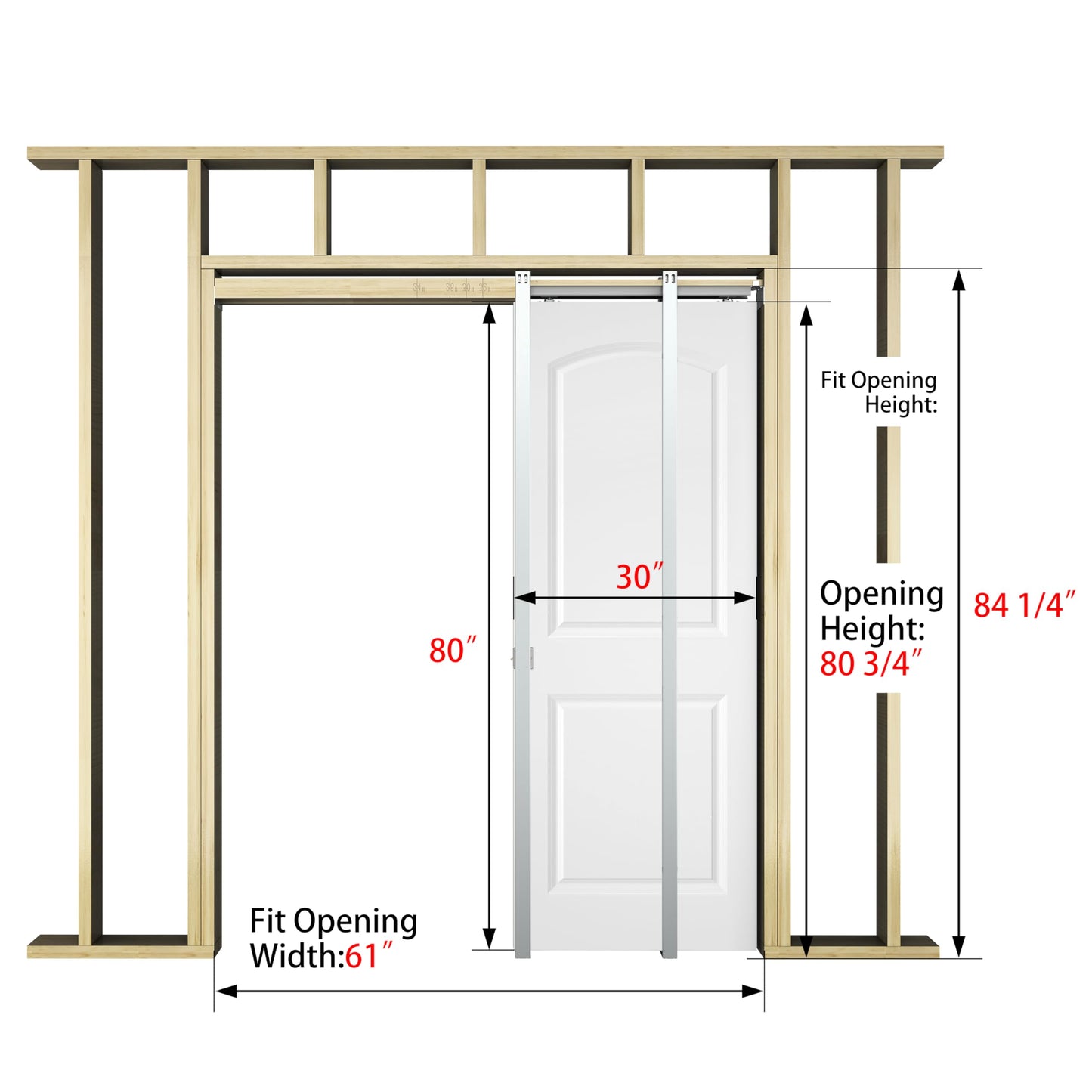 BARNSMITH 30in x 80in Sliding Pocket Door, Raised 2-Panel Arch Top Smooth White Primed Door Slab wtih Track Hardware and Frame Kits & Privacy Latch, Soft Close Mechanism, Durable and Smooth-Sliding