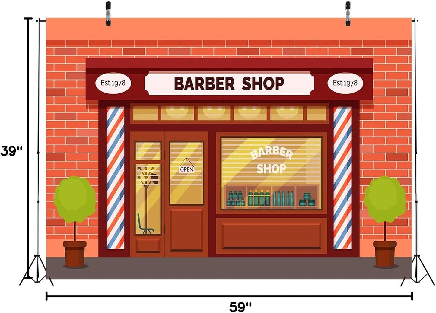 BELECO 5x3ft Fabric Cartoon Barber Shop Backdrop for Photography Red Brick Wall Hair Salon Hairstylist Haircut
