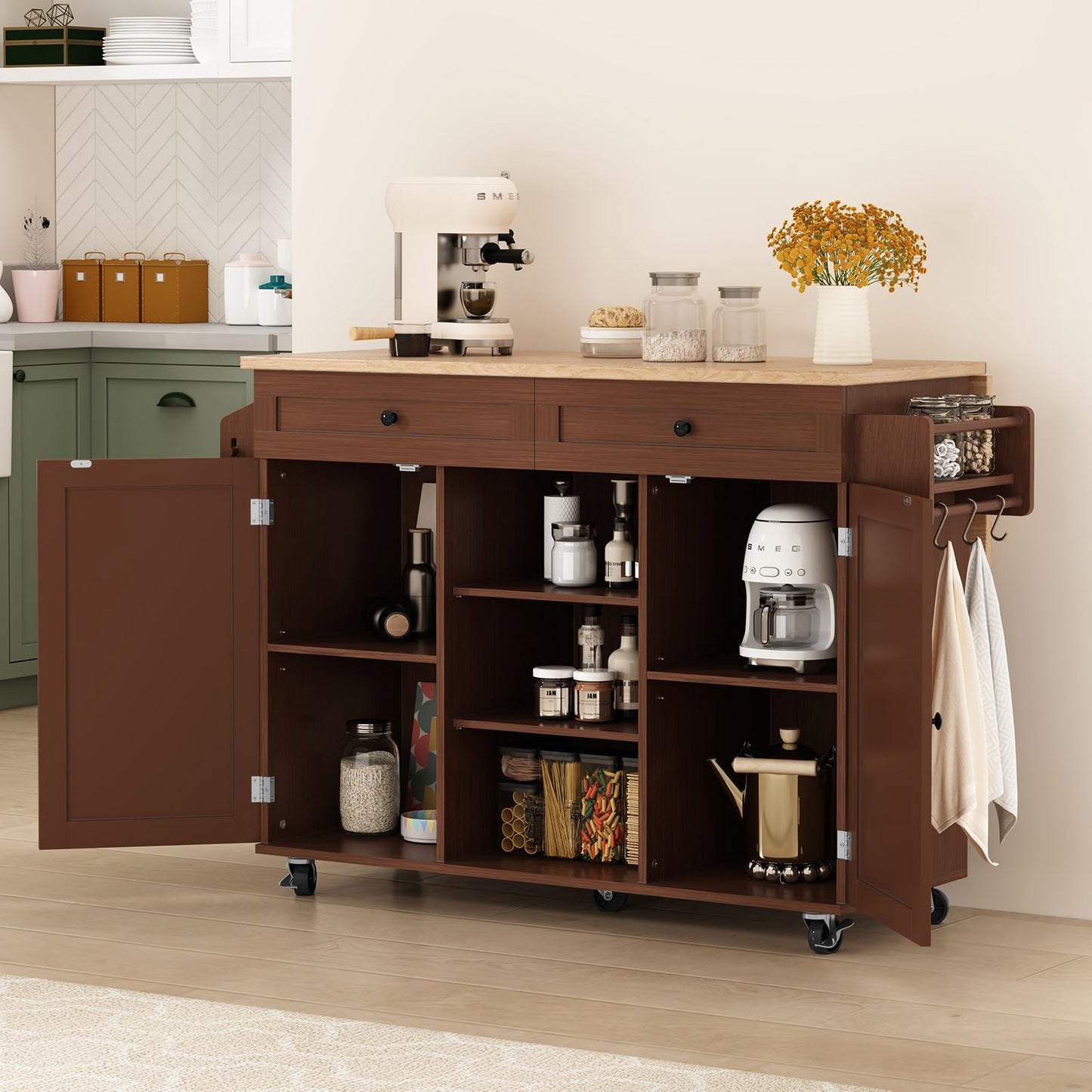 HLR Kitchen Island On Wheels, Brown Rolling Kitchen Island Cart with Solid Wood Drop Leaf Breakfast Bar, Barn Door Kitchen Islands with Storage Cabinet and Tower Rack, Island Table for Kitchen