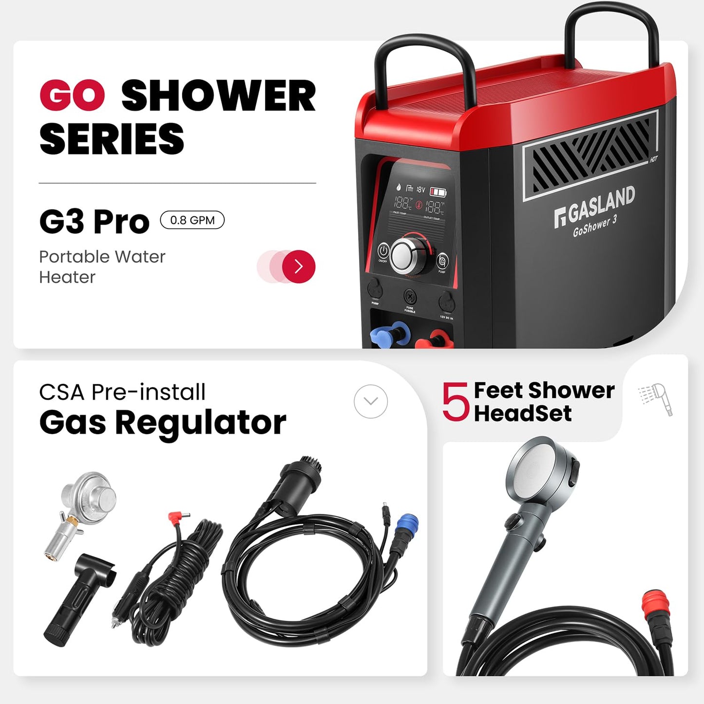 GASLAND Goshower G3 Pro 1lb Propane Portable Water Heater & Shower Pump, Instant Hot Water for Outdoor Camping, Hiking, Glamping & Vacationing, 4000mAh Rechargeable Shower System, CSA Certified