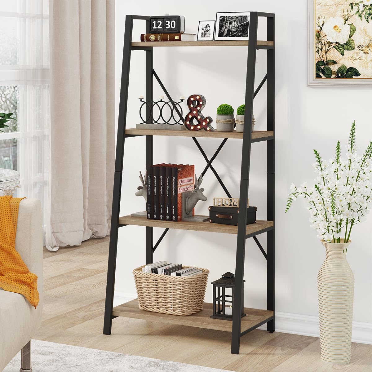 BON AUGURE Bar Cart for The Home, Bar Serving Carts on Wheels with Industrial Ladder Shelf Bookcase, 4 Tier Rustic Ladder Bookshelf, Standing Leaning Book Shelves for Living Room (Vintage Oak)