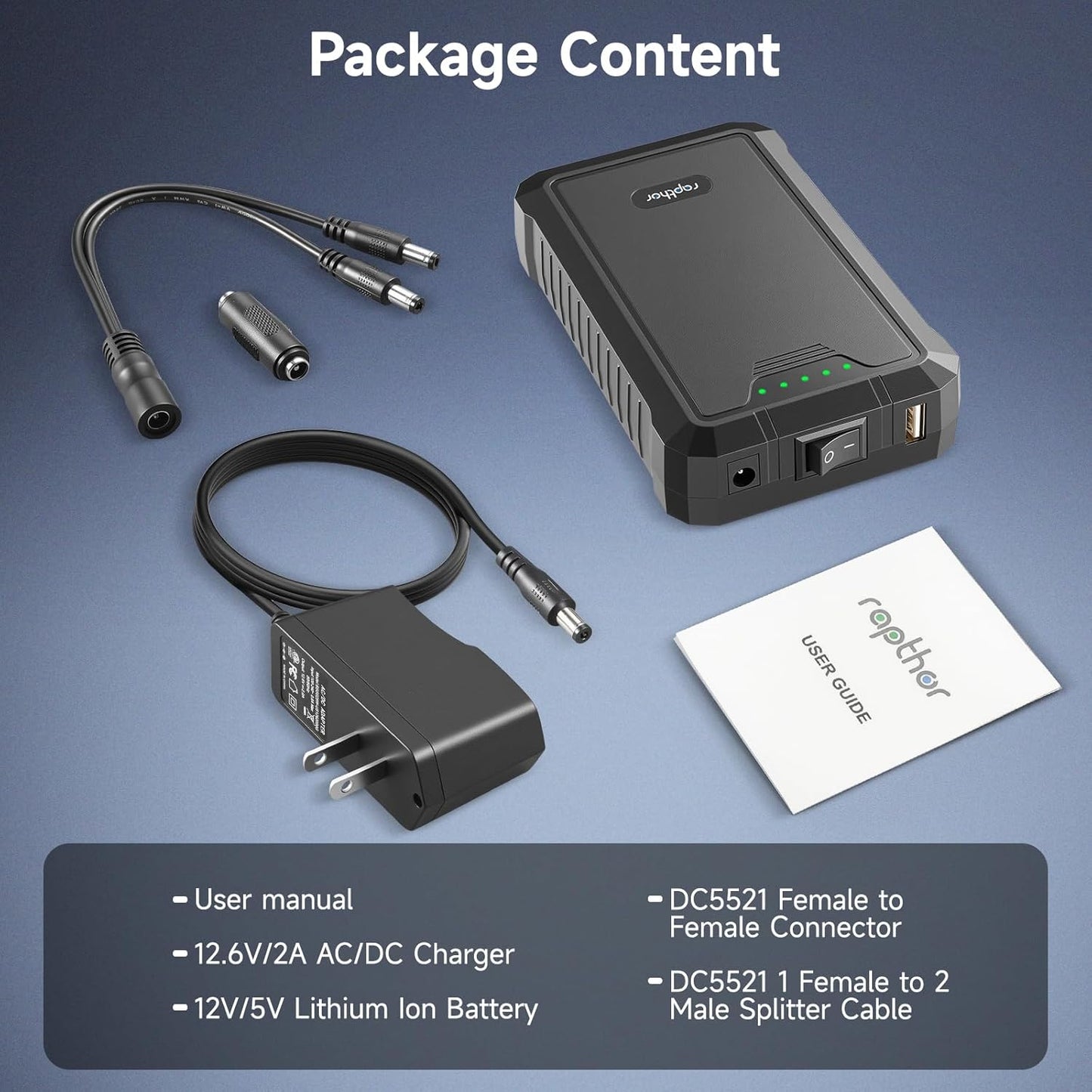 rapthor 12V 6500mAh 5V 13000mAh Pack 12.6V 2A Upgraded Rechargeable / DC Output Battery with Fast Charging Adapter