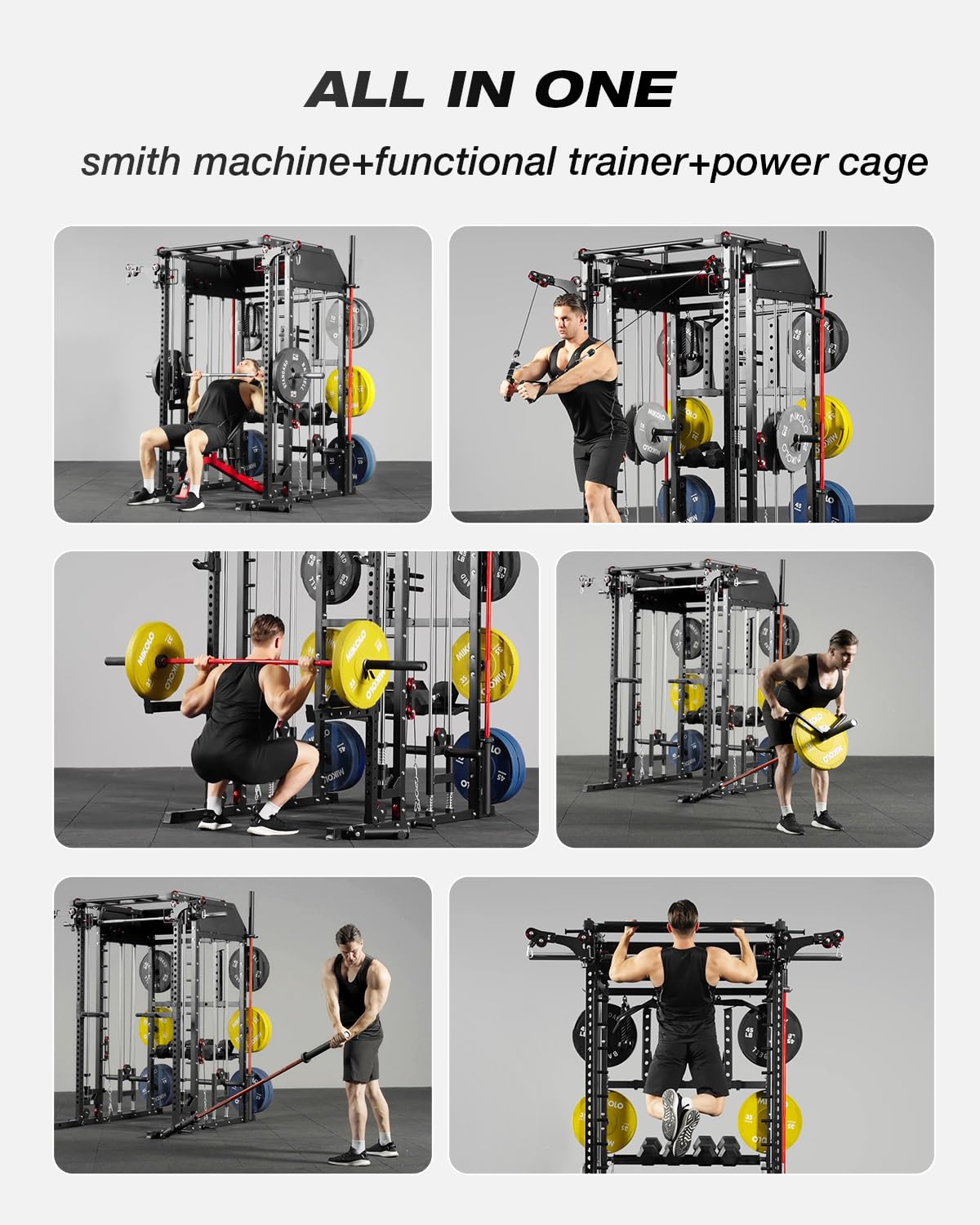 Mikolo Smith Machine, Multi-Function Power Cage with Dual Pulley System, Vertical Leg Press Attachment, Squat Rack Power Rack with More Training Attachment for Home Gym (M10 with Pivot Arm)