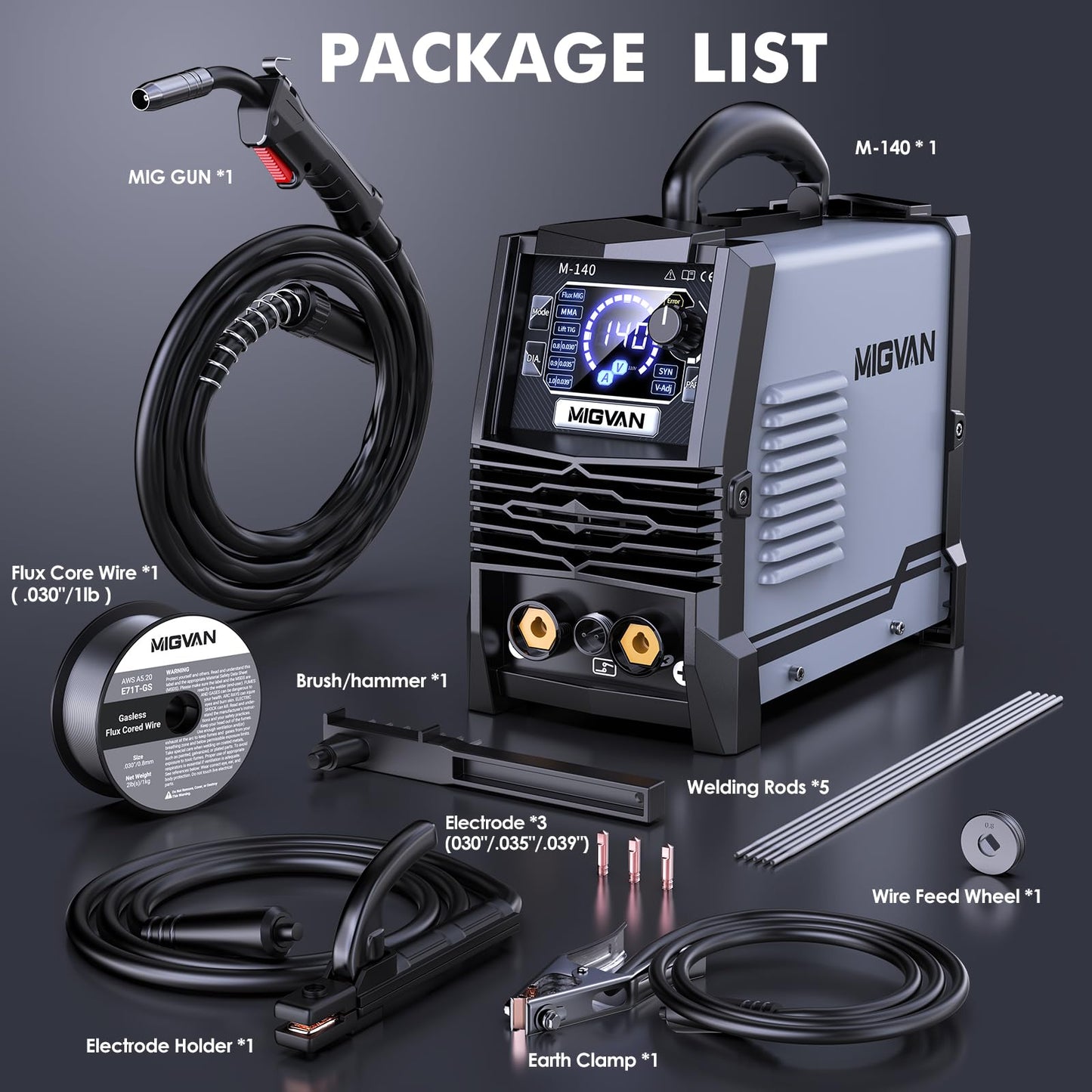 140A MIG Welder, MIGVAN 110V Flux Core MIG/Stick/Lift TIG 3 in 1 Welding Machine with Large LED Digital Display, IGBT Inverter Portable Gasless Welder with Welding Gun and Flux Core Wire