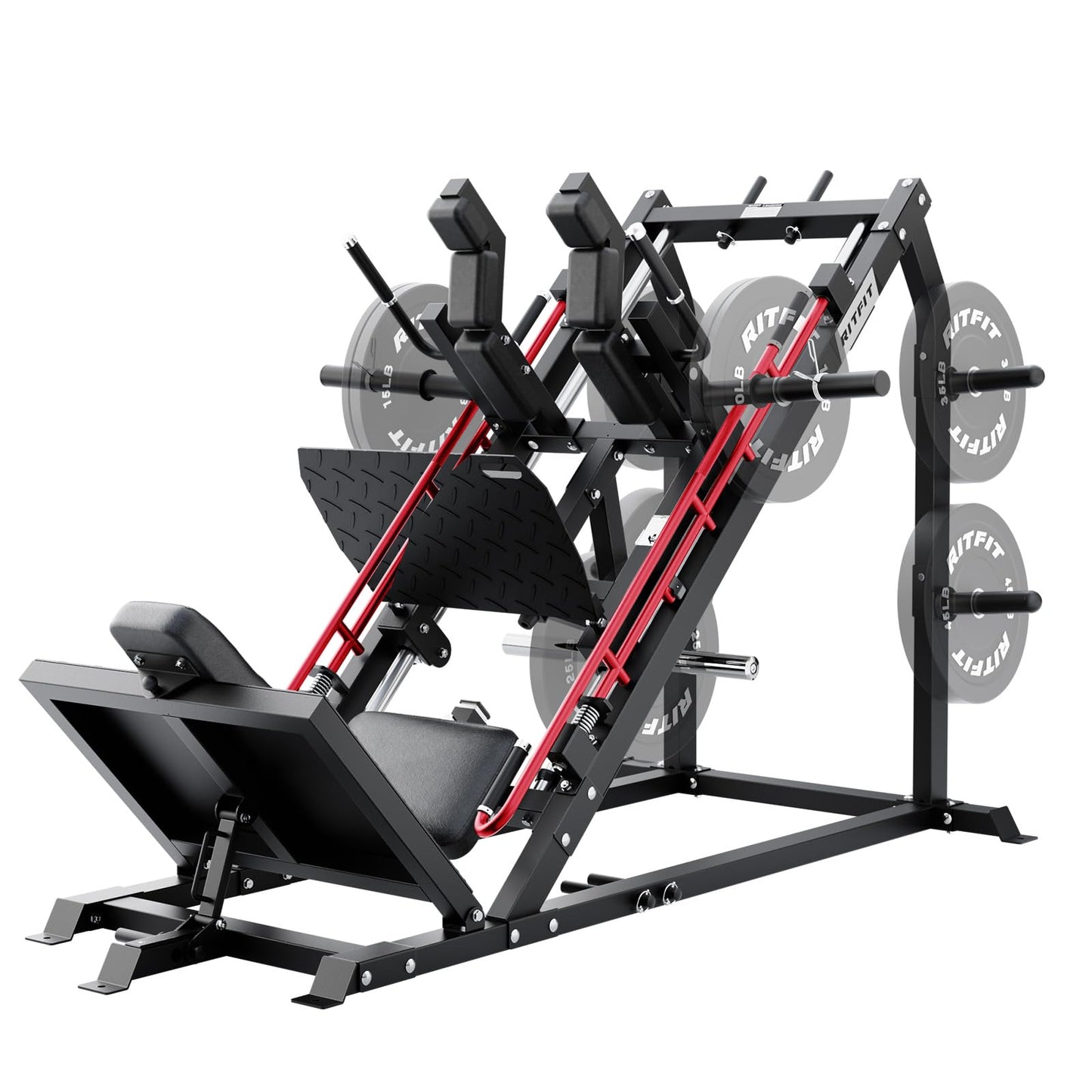 RitFit Gazelle Pro 3 in 1 Leg Press and Hack Squat Machine - High-Tensile Steel Leg Press Machine, 2000lbs Capacity, Adjustable Angles with Weight Storage (Red (with 35lb Rubber Weight Plates))