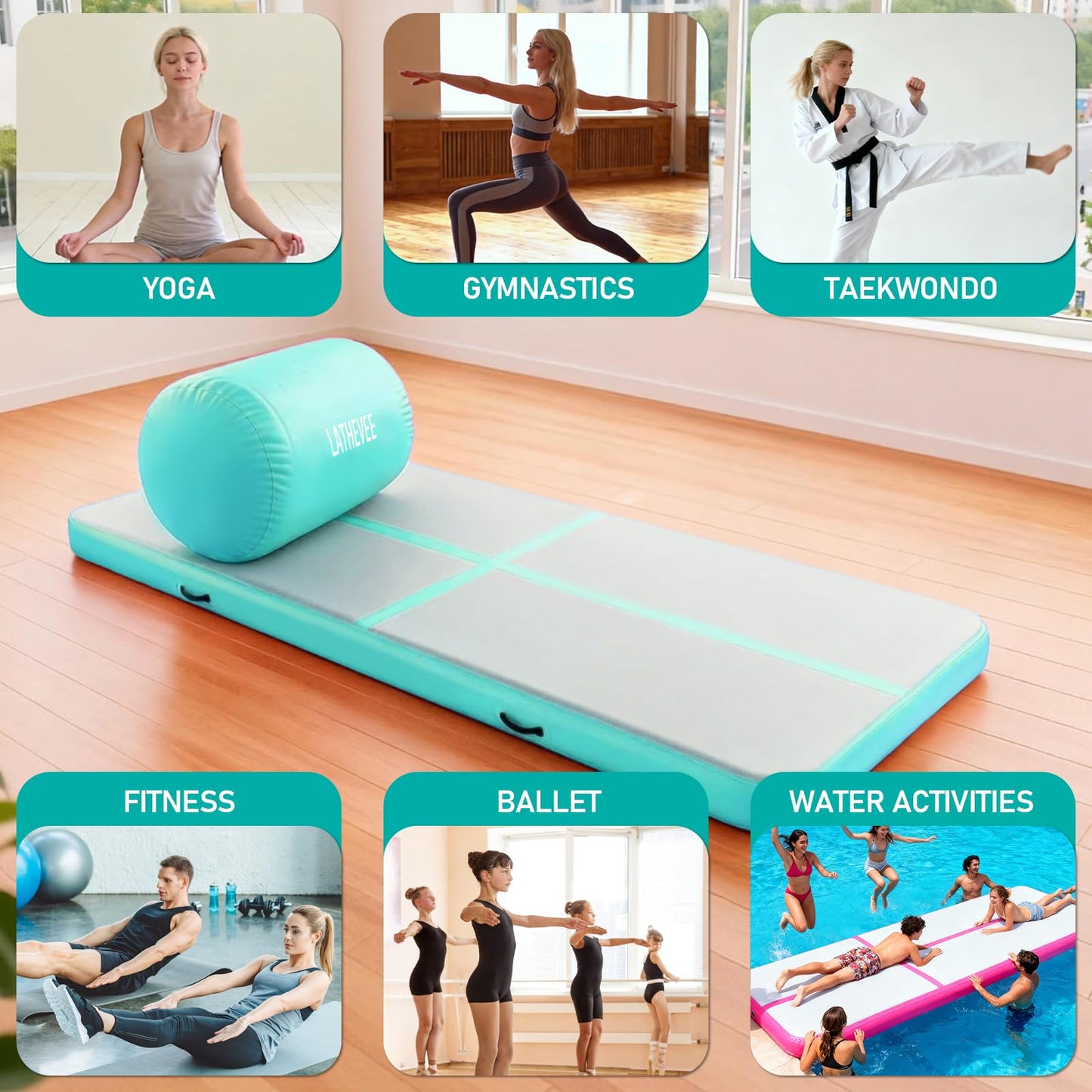 Inflatable Gymnastics Mat 10ft/13ft/ Air Training Mats+Gymnastics Barrel,4/6 inThickness Tumble Track Mat Inflatable Floor Mats with Air Pump for Tumble Gym Training Cheerleading Yoga Home Outdoor