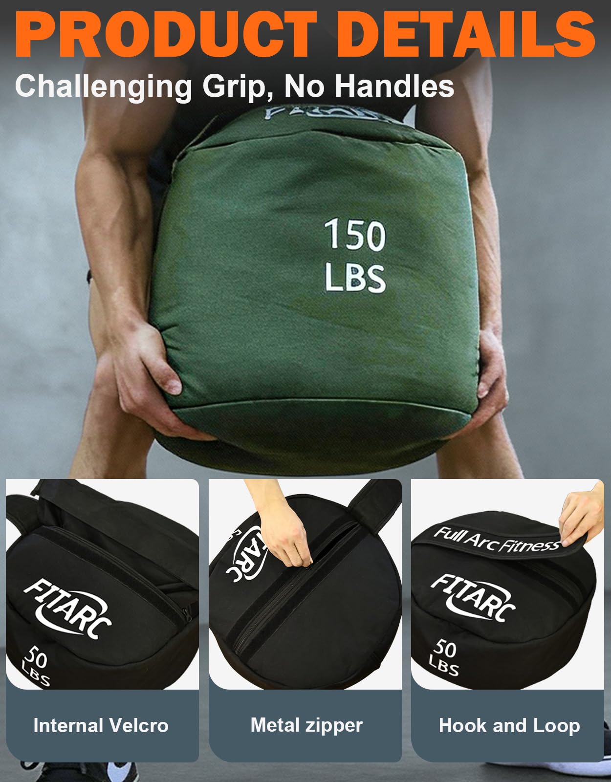 Fitarc Sandbag Workout Bag,Sandbag Training, Sandbags for Fitness,Round Sandbags for Weight Training,Round Sandbag,Cross-Training & Exercise, Workouts Equipment Sand Not Included (Black 50LB)
