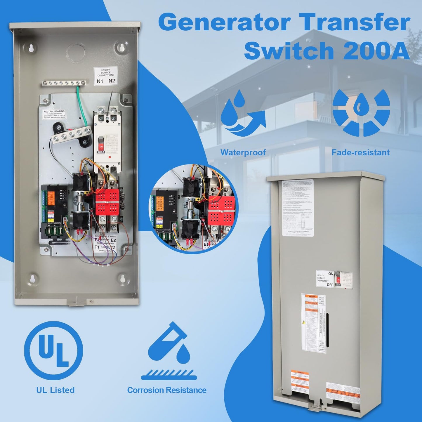 200 Amp Automatic Transfer Switch Generator, Single Phase Transfer Switch with Power Management Replacement for Generac RXSW200A3, NEMA 3R Outdoor Rated Aluminum Enclosure for Indoor and Outdoor Use