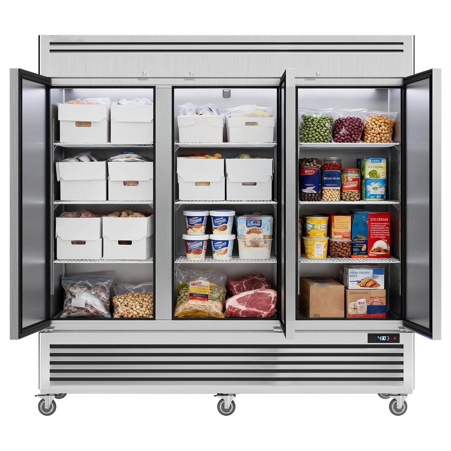 Coolake 82" Commercial Reach-in Freezer 3 Solid Doors, 72 Cu.ft Stainless Steel Fan Cooling Upright Freezer 12 Adjustable Shelves, Commercial Freezer for Restaurant Kitchen Grocery Store Prep Area