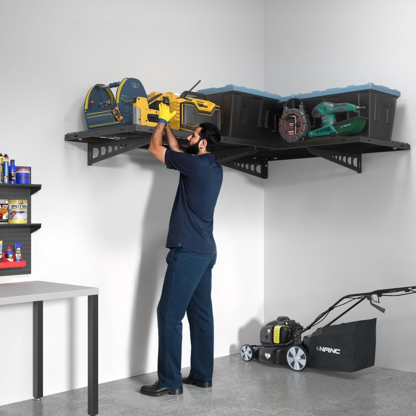 FLEXIMOUNTS 2 Pack 2x4ft Corner Wall Shelving Garage Storage Rack, 24x48 inch Floating Shelves, 660lbs Total Weight Capacity, Black, Pro Series