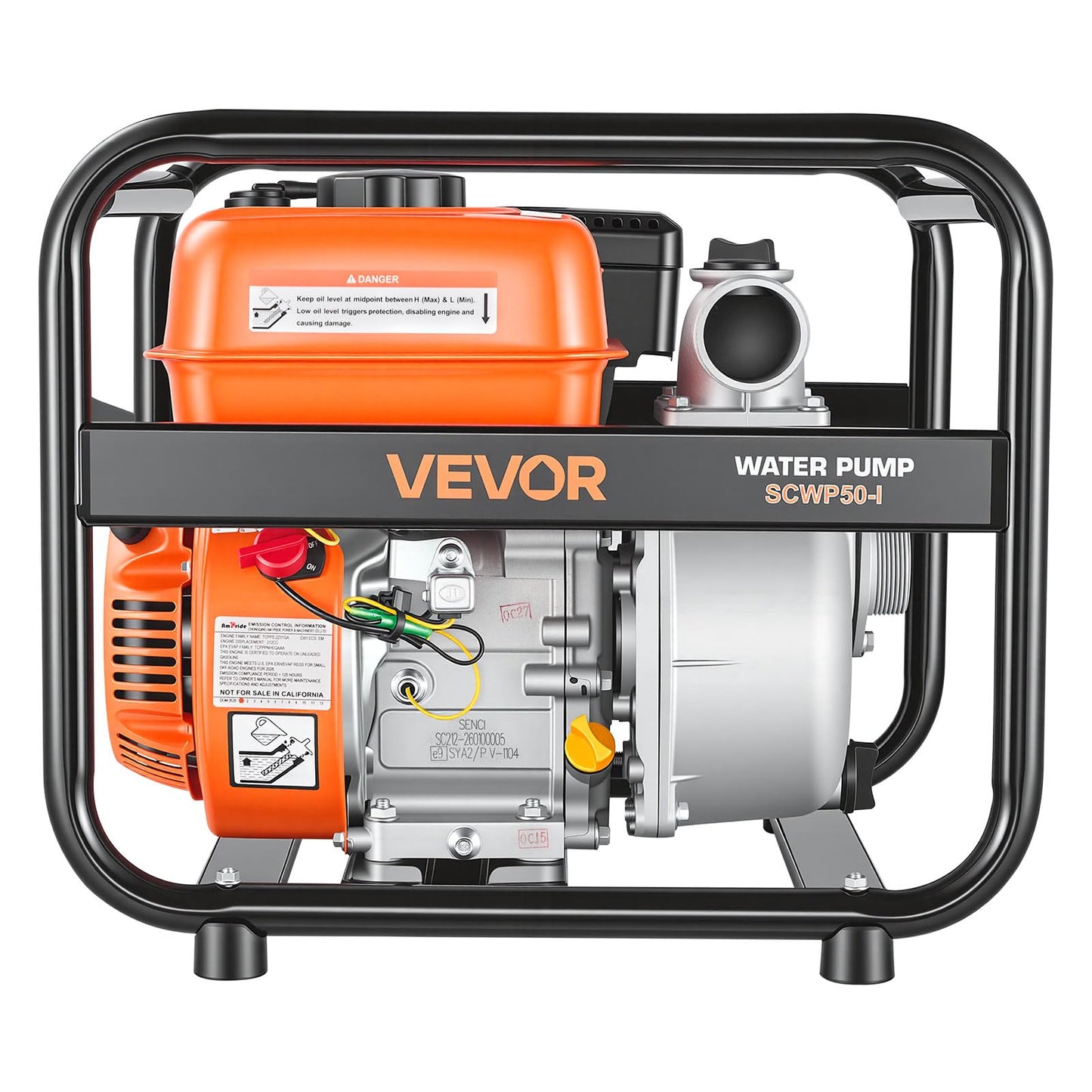 VEVOR Gas Powered Water Pump, 2 in, 132 GPM 6.5HP Semi Trash Water Transfer Pump Portable, Gasoline Engine with 25 ft Discharge Hose, Heavy Duty Frame, Cast Iron Impeller, for Irrigation, Ponds, Pools