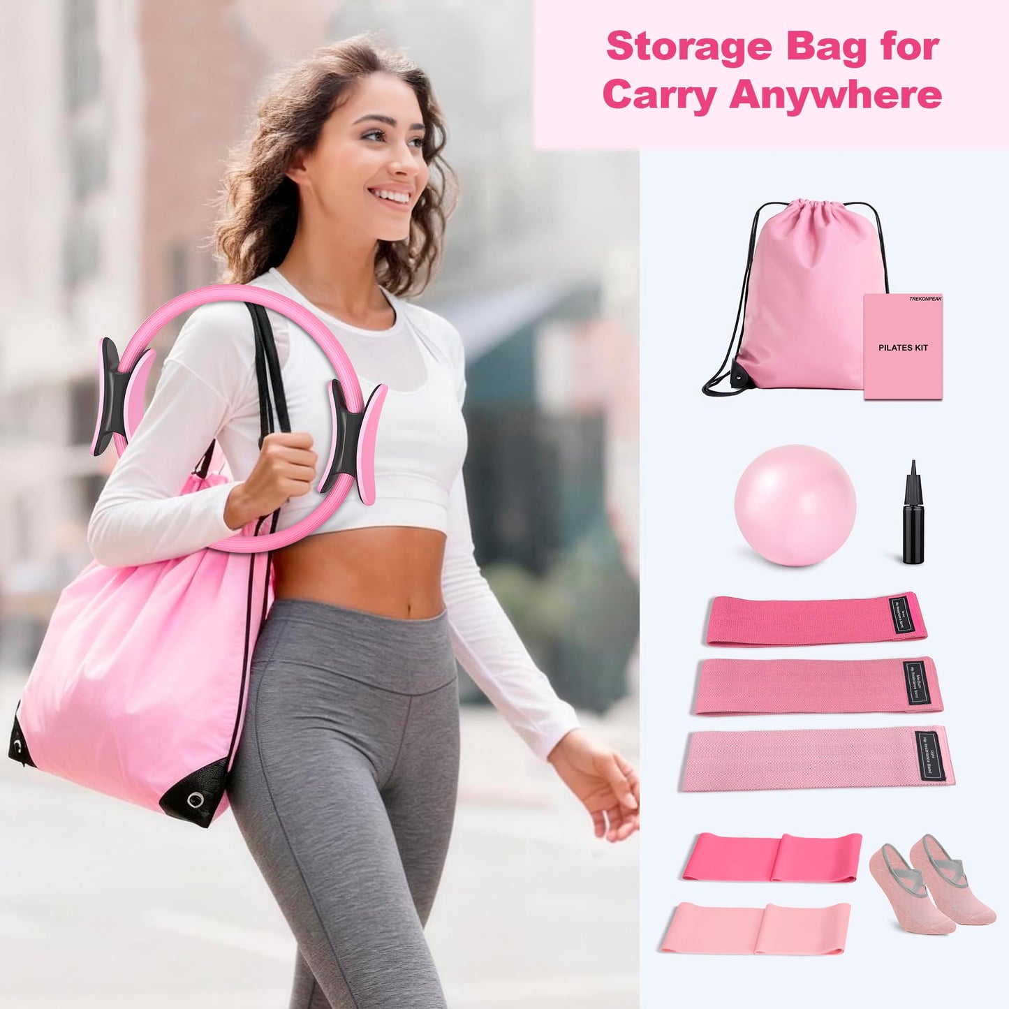 TREKONPEAK Home Pilates Kit, Pilates Workout Kit for Women, Pilates Equipment with Pilates-Ring and Ball Set, Multiple Resistance Bands, Socks (Pink)