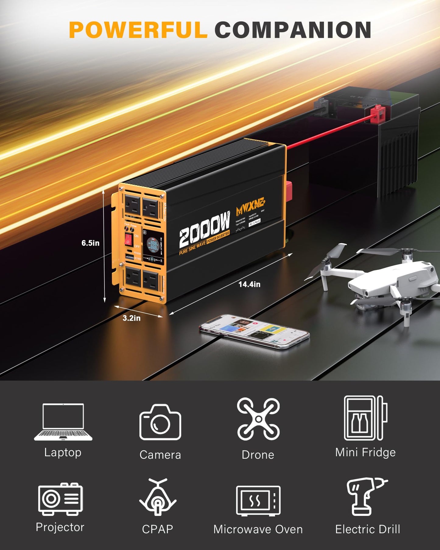 MWXNE 2000W Pure Sine Wave Inverter 12V DC to 110V 120V AC Car Converter for RV Truck Off-Grid Solar Power Inverter with 4 AC Outlets, USB/Type-C Fast Charging Ports, LCD Display, Remote Control
