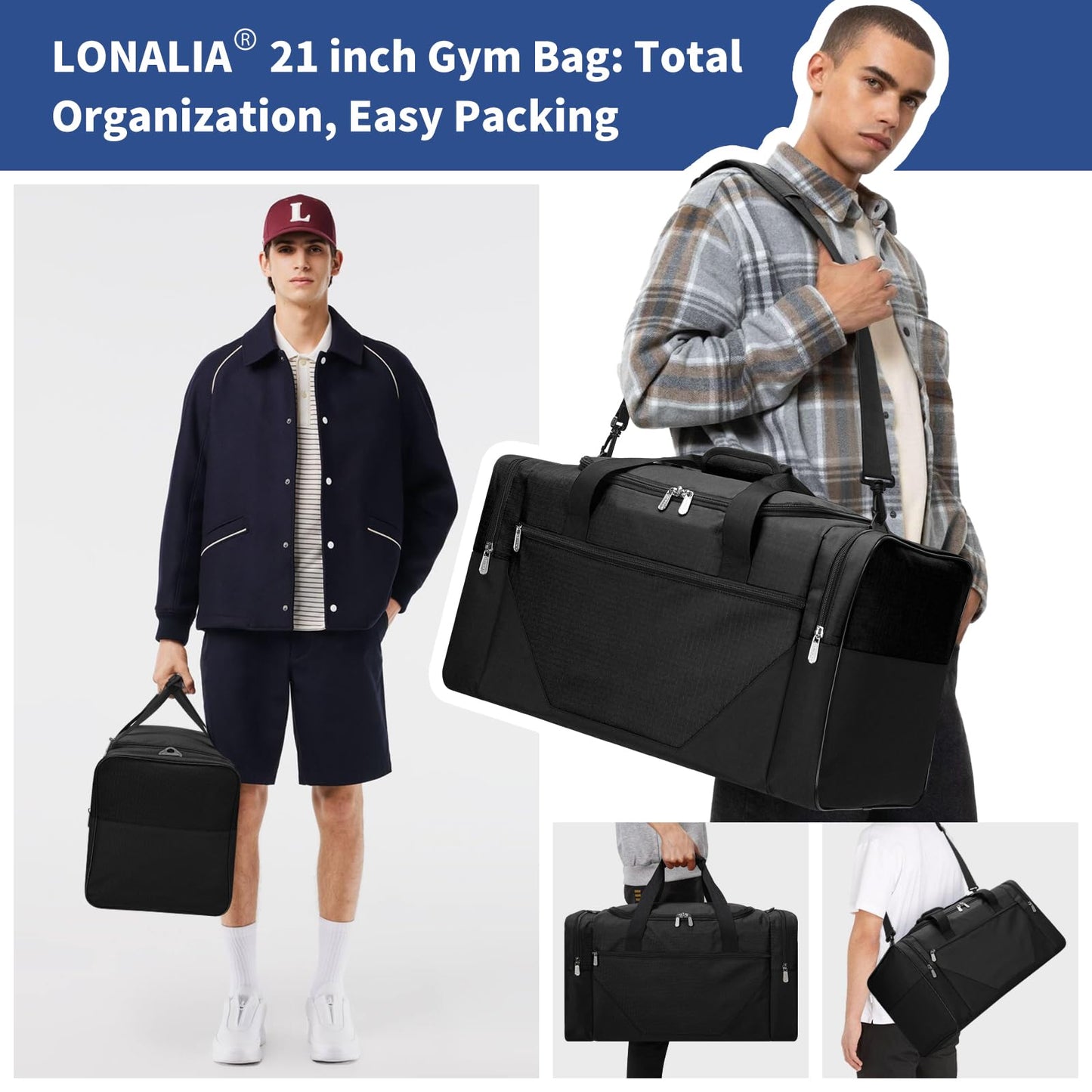 LONALIA 45L Sport Duffle Bag for Men - 21 inch Duffle Bag with Shoe Pouch and Wet Pocket for Travel, Workout, Fitness, Training (Black)
