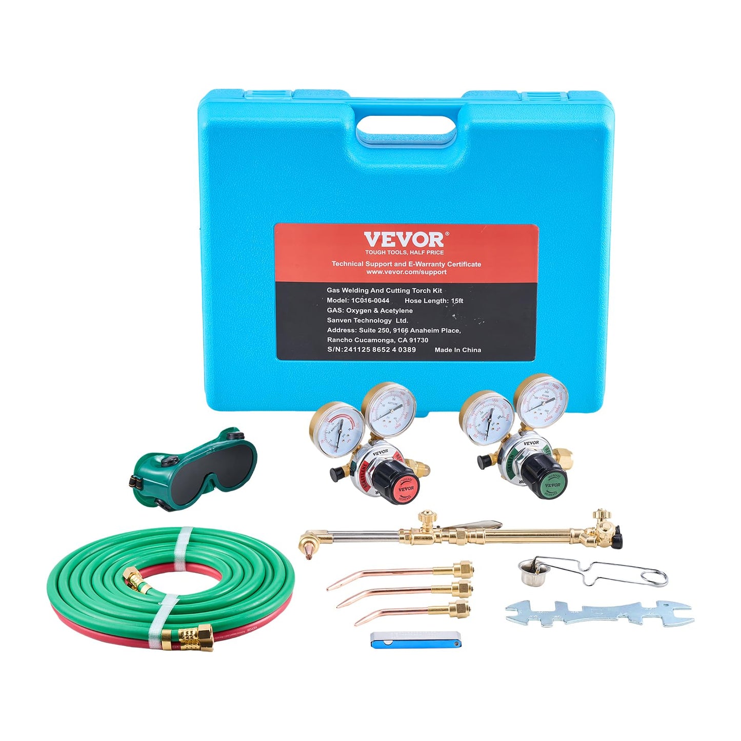 VEVOR Oxygen Acetylene Torch Kit, Gas Welding Cutting Torch Kit, 14PCS Portable Oxy Acetylene Brazing Set with 177'' Long Twin-Hose, Cutting Nozzle, 3 Welding Tips & Carry Case (without Gas Cylinder)