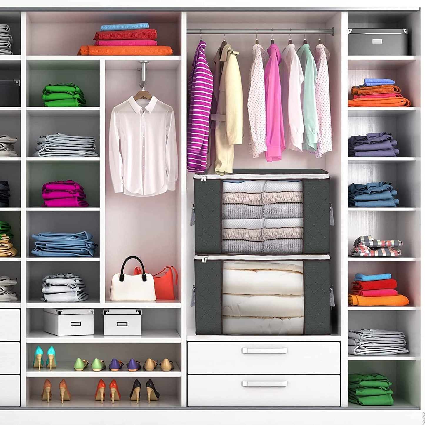 Skiennix Large Storage Bags - 8 Pack Foldable Closet Organizers with Durable Handles | 90L Gray