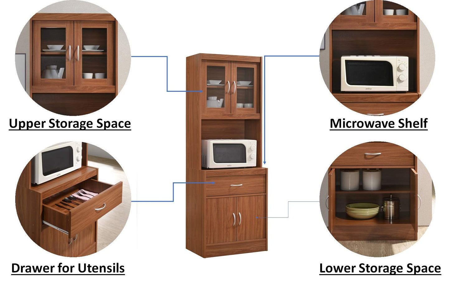 Hodedah Long Standing Kitchen Cabinet with Top & Bottom Enclosed Cabinet Space, One Drawer, Large Open Space for Microwave, Cherry
