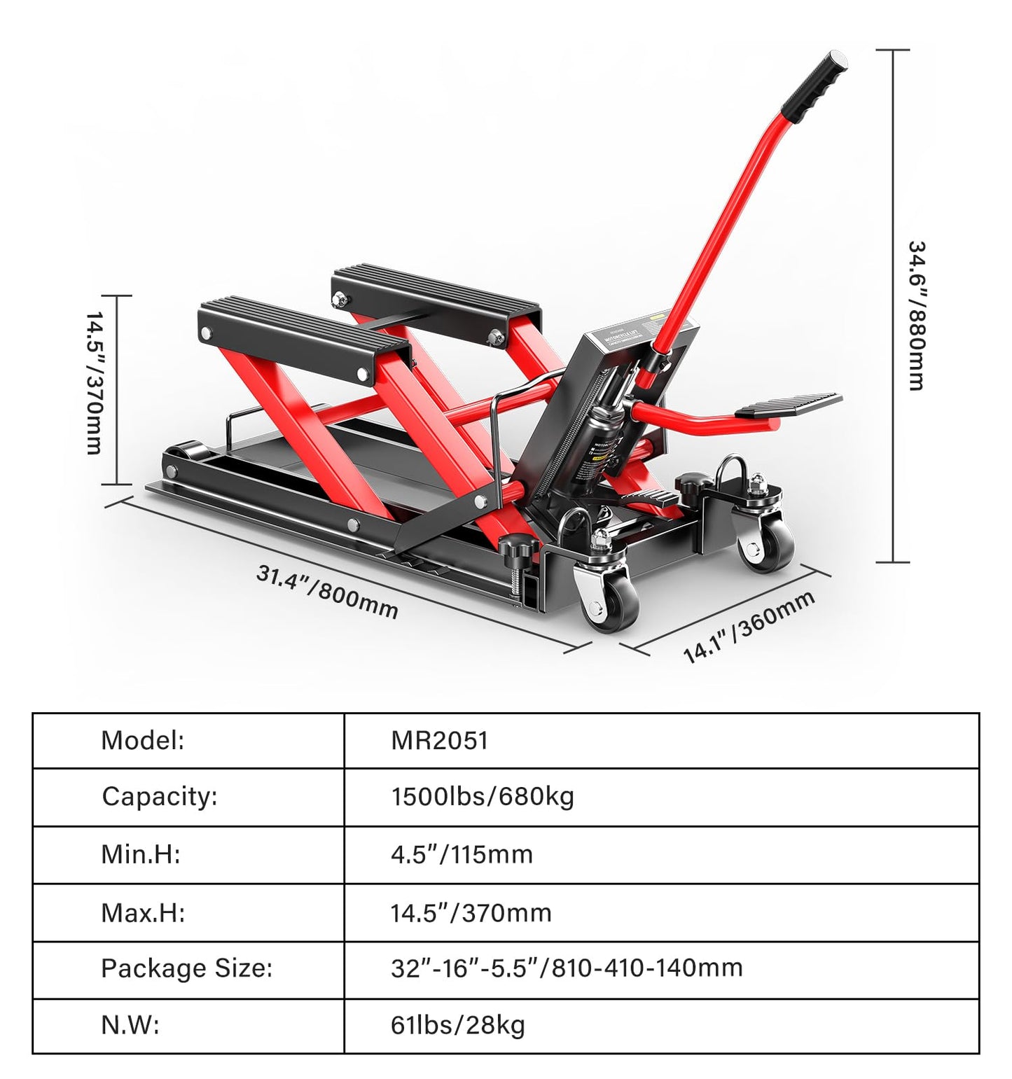 HUGOASIS 1500 LBS Heavy Duty Motorcycle Scissor Lift Jack, 4.5" to 14.6" Height, Portable Steel Construction for Motorcycle, ATV, Dirt Bike Maintenance with Optional Attachments