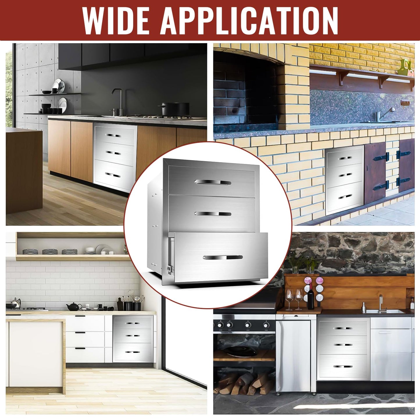 Migoda Outdoor Kitchen Drawers Stainless Steel, BBQ Drawer Inserts for Built-in Patio Grill Station, Triple Drawer, 16''W x 21''H x 23''D