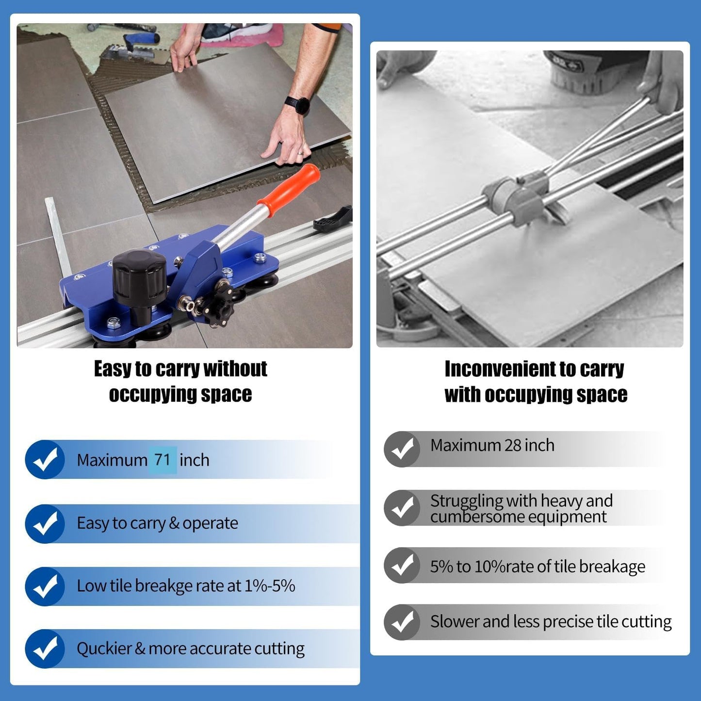 71" Professional Large Format Manual Tile Cutter with Built-in Suction Cups & Tile Pliers, 3 Push Knives – Cuts Porcelain, Ceramic & Stone Tiles up to 4.7" Thick (Blue)