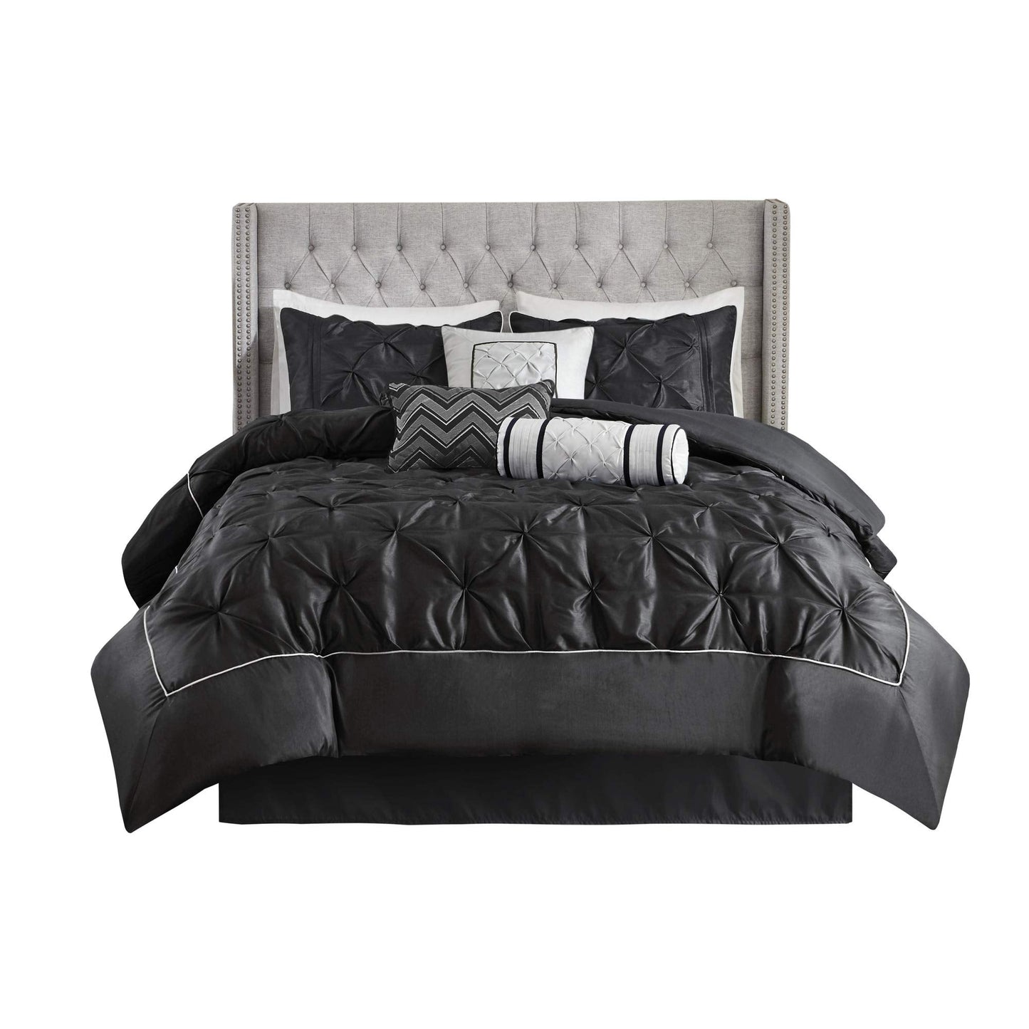 Madison Park Laurel Queen Size Bed Comforter Set Bed In A Bag - Black , Wrinkle Tufted Pleated – 7 Pieces Bedding Sets – Faux Silk Bedroom Comforters
