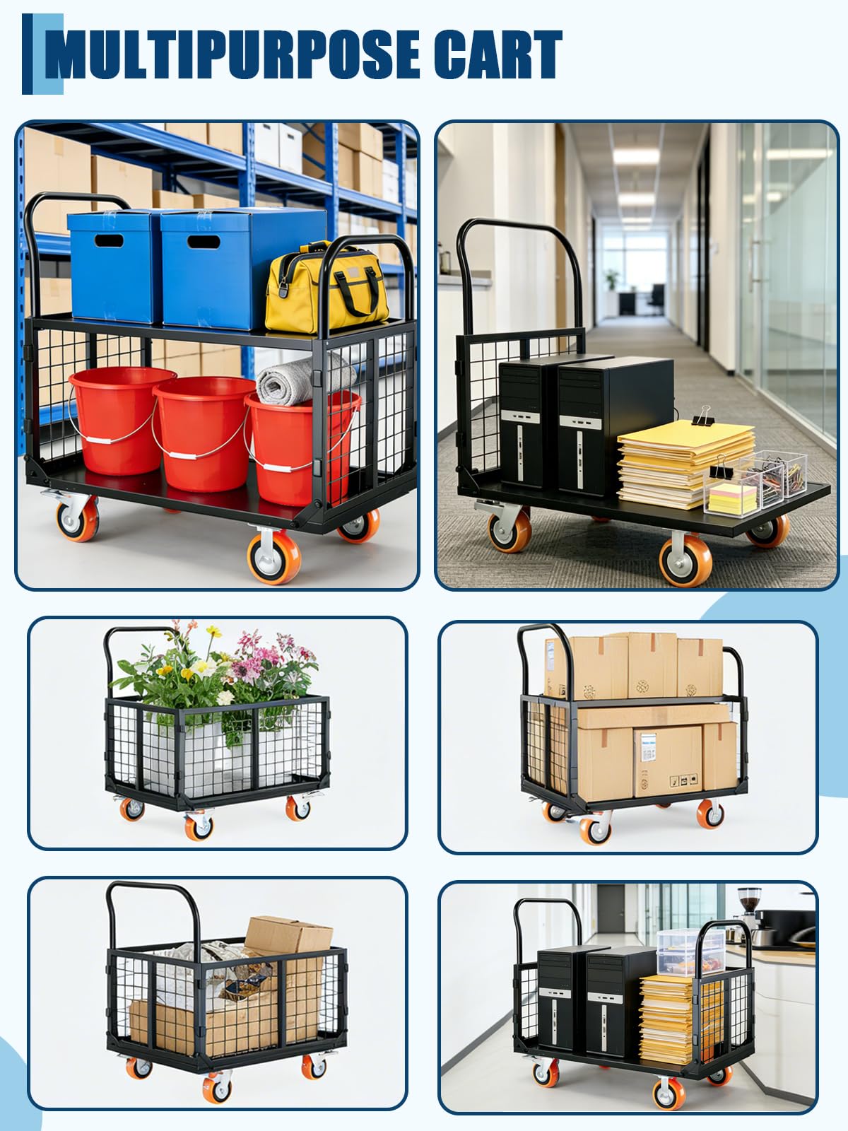 GarveeTech Platform Truck Cart with Cage, 6-in-1 Multi-Purpose Flatbed Cart, Foldable Hand Truck Load 1800 LBS with 4 Wheels Push Cart Dolly for Grocery, Laundry, Garage, Warehouse (Black)