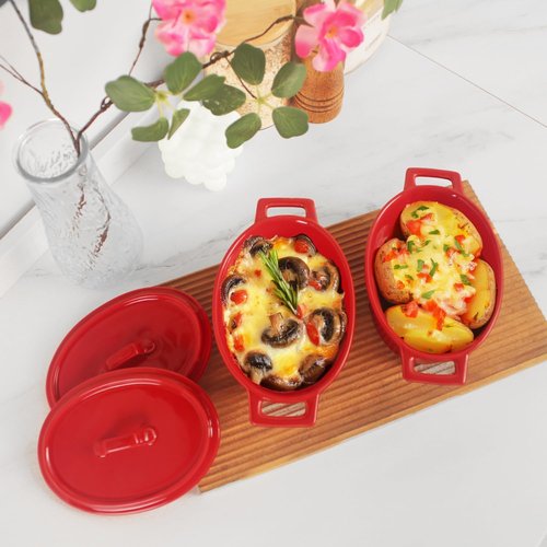 Ceramic Mini Oval Cocotte Set - 10 Ounce Casserole Dishes with Lids & Handles | Red, Oven & Microwave Safe