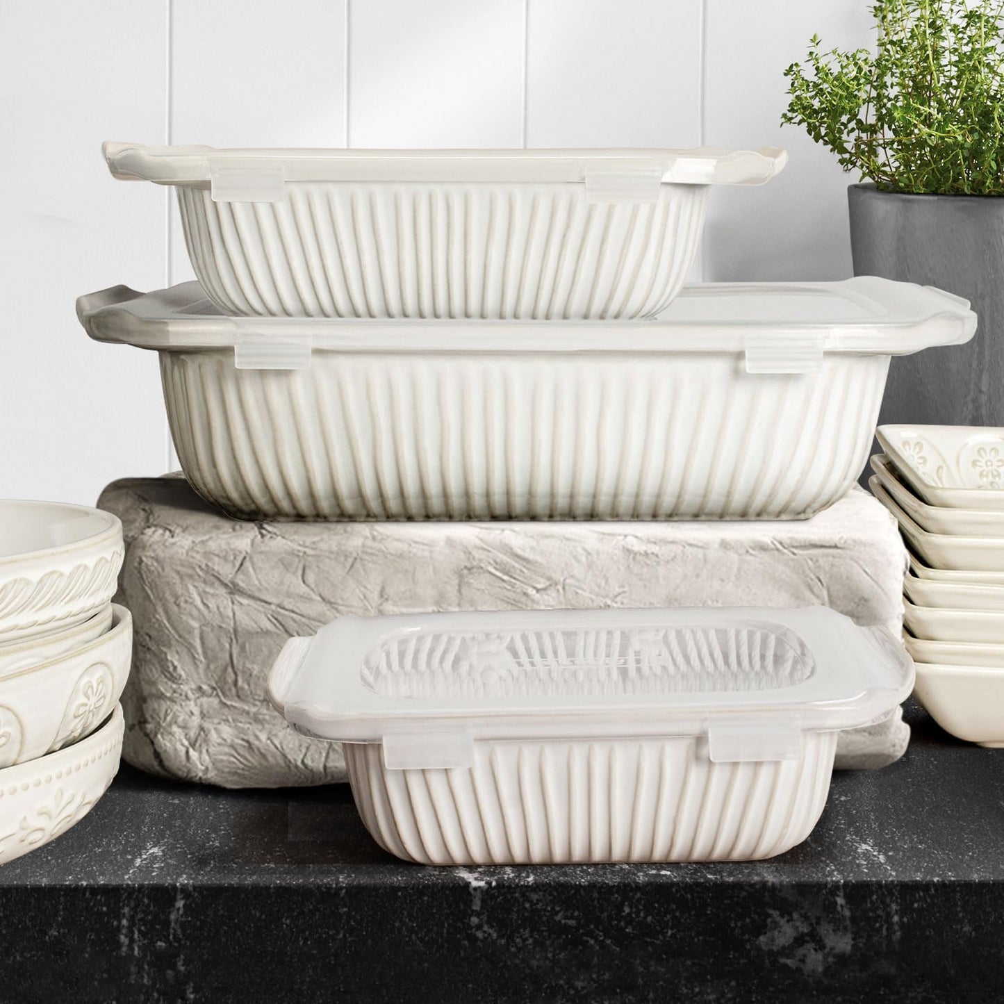 Artena Casserole Dishes For Oven, Ceramic Baking Dish, Large Lasagna Pan With Handles, Baking Pan Casserole Dish, Rectangular Bakeware Deep, White, Set Of 3 (5.1Qt/2.3Qt/1.1Qt) (Baking Dish With Lids)