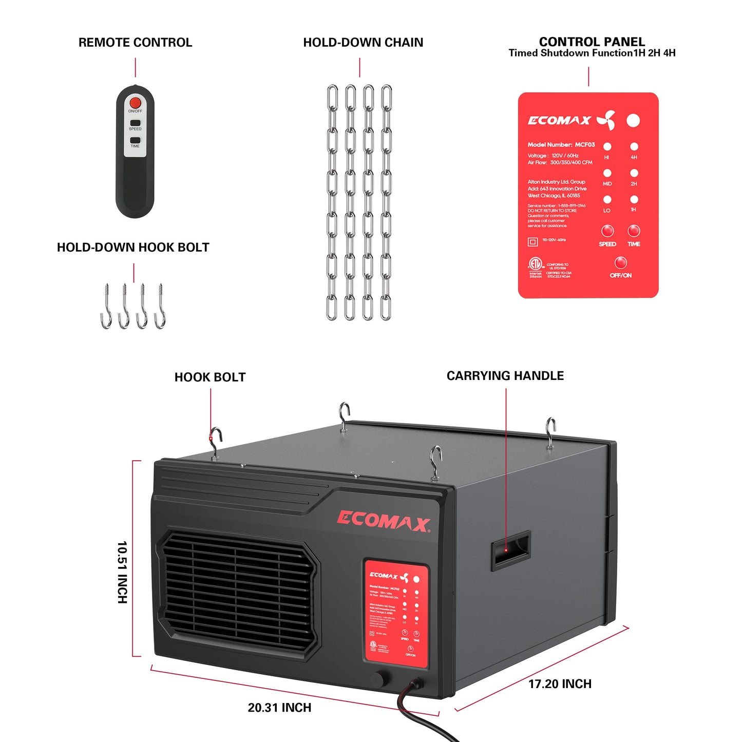 MCF03 Air Filtration System Woodworking, 3-Speed Hanging Ceiling Shop Air Filtration System for Woodworking for Shop Garage (300/350/400 CFM)