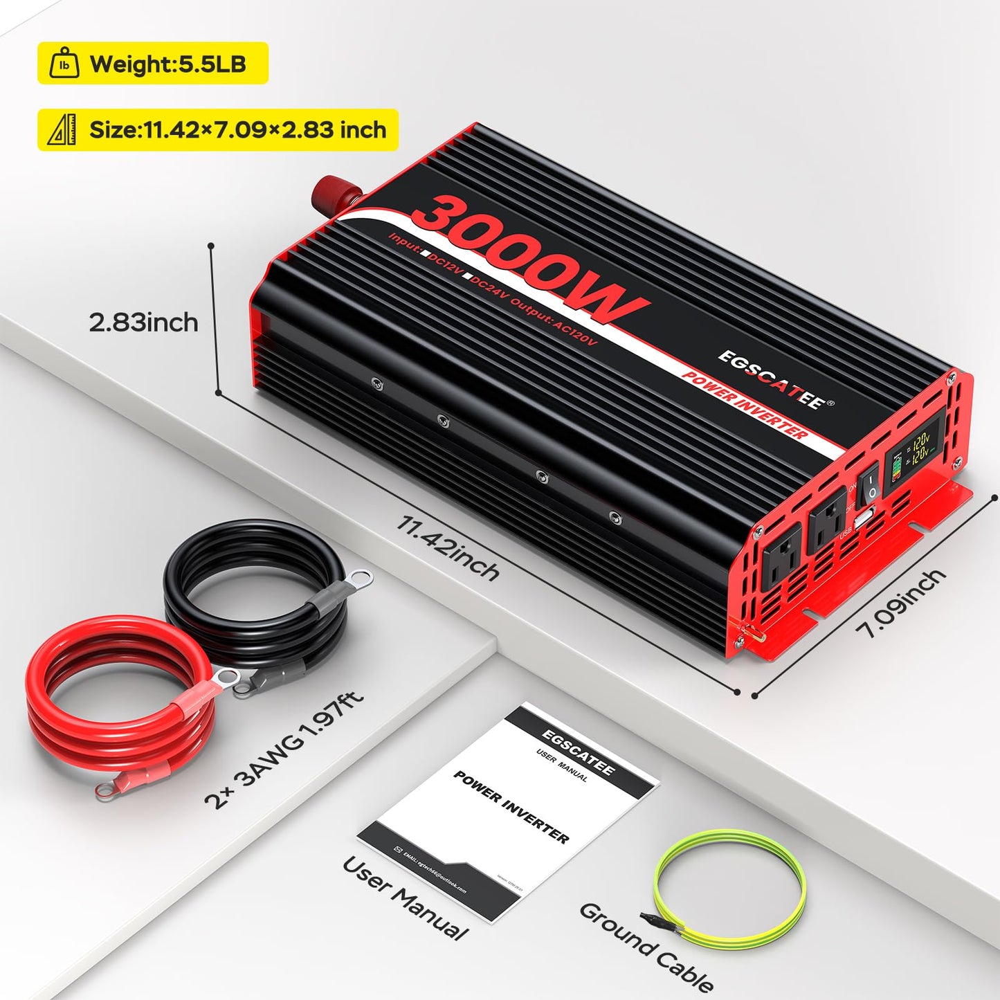 3000 Watts Power Inverter 12V DC to 110V/120V AC Converter Peak Power 6000W Car Inverter with LCD Display, 2 AC Outlets, 3.1A USB Port for RV, Camping,Truck, Boat, Off-Grid Solar System